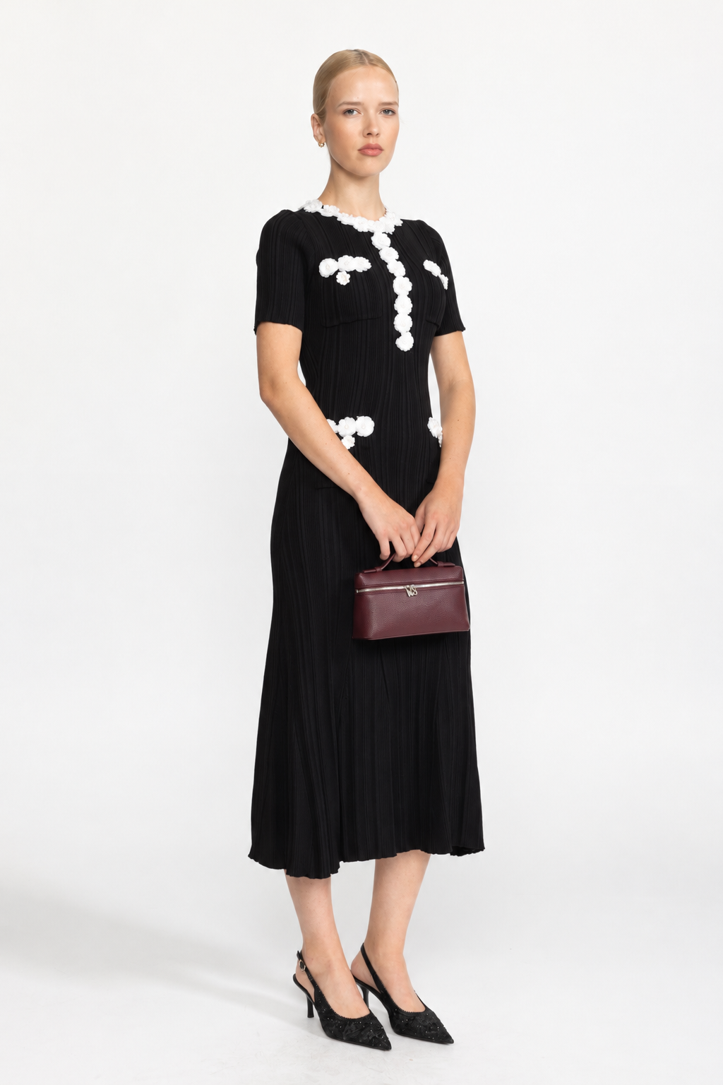Florence Black Ribbed Knit Flower Appliqué Midi Dress
