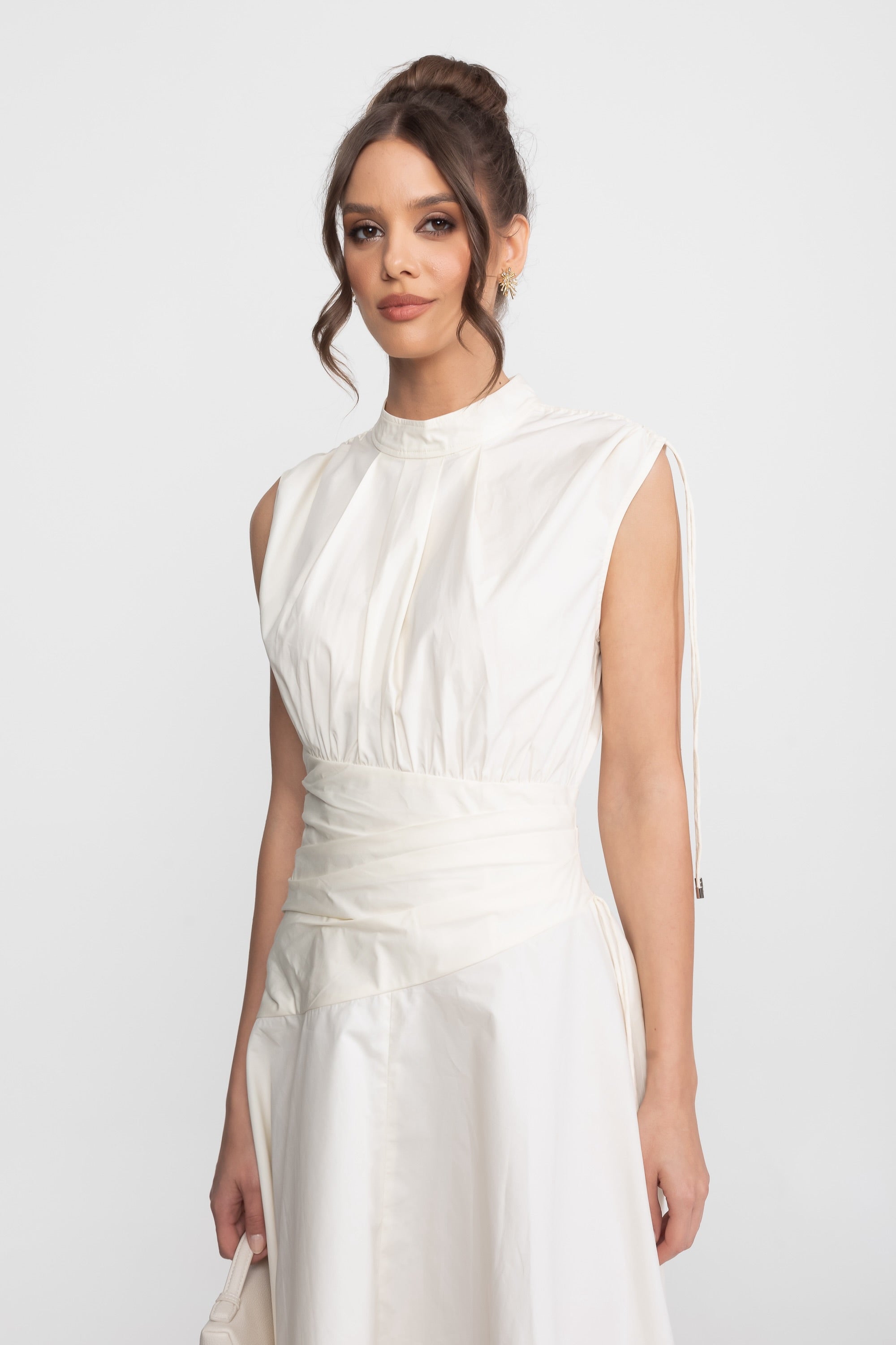 Sleeveless Asymmetric Midi Dress With Ruched Waist And Handkerchief Hem - Ivoire