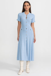 Corinne Baby Blue Knit Button-Front Midi Dress with Scalloped Sleeves