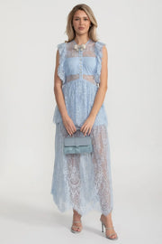 Elegant Vintage-Inspired Lace Dress With Ruffled Details And Layered Skirt - Blue