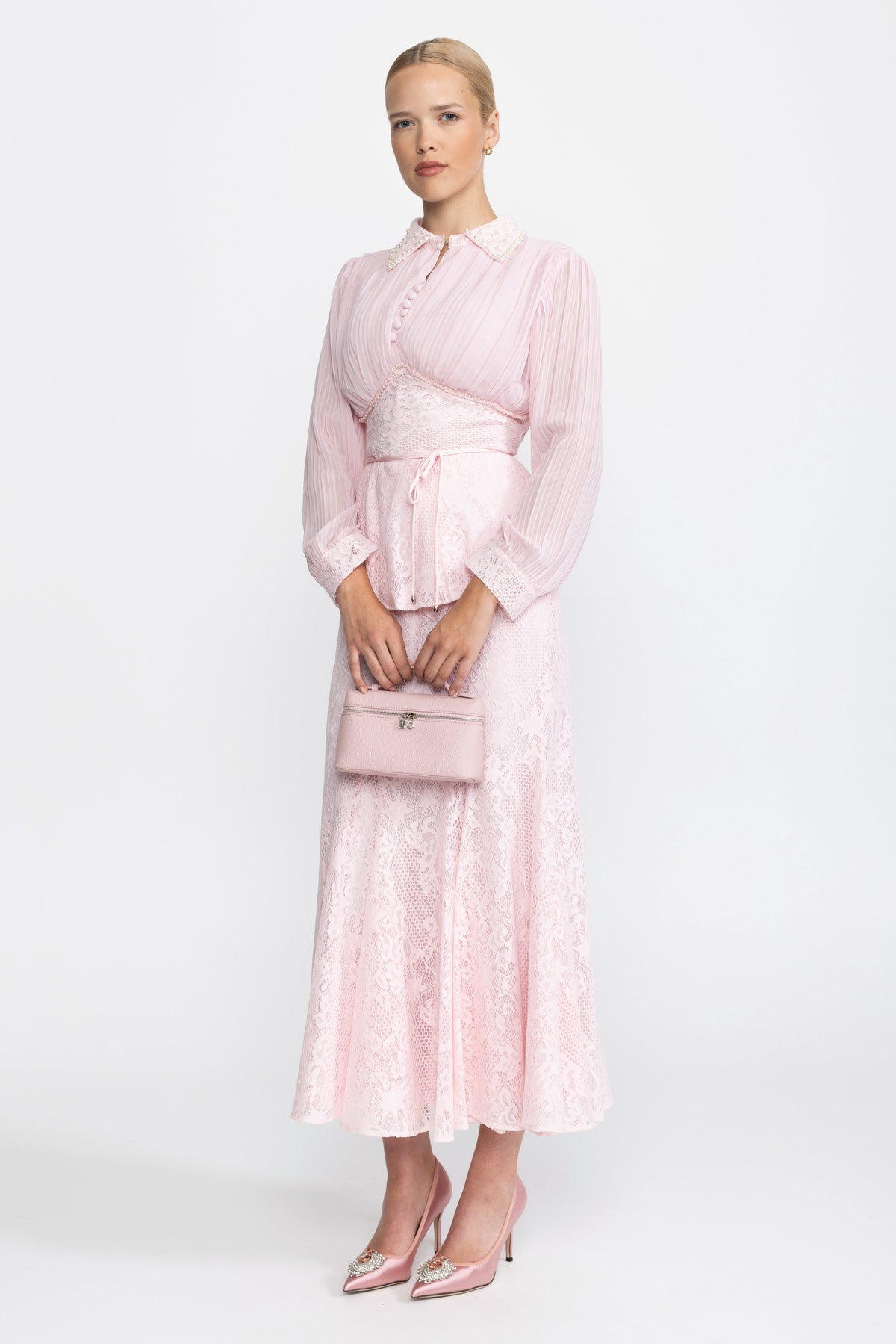 Pleated Chiffon Lace Peplum Blouse and Maxi Skirt Set - Pink