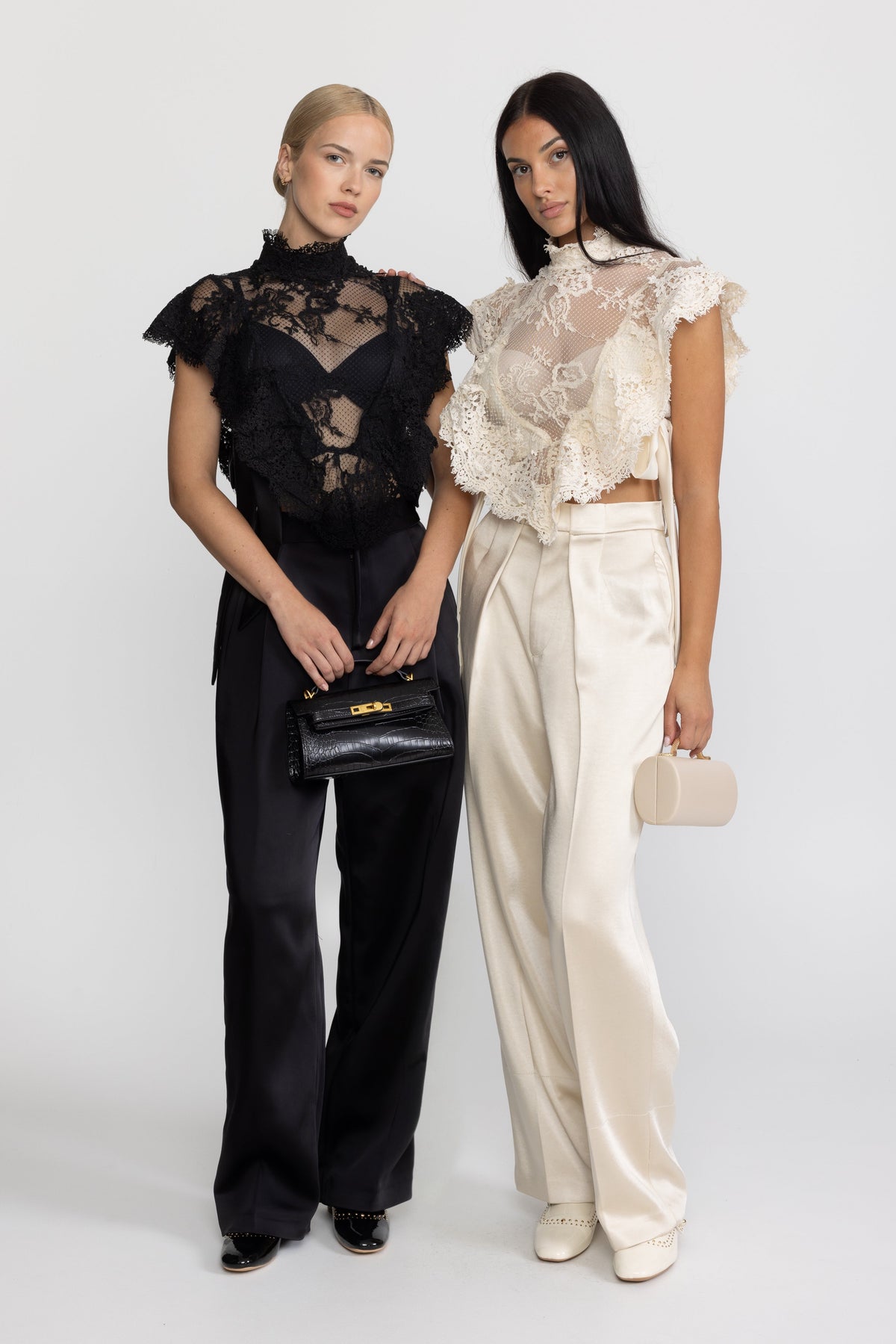 Sheer Lace Ruffle Mock Neck Top - Ivoire