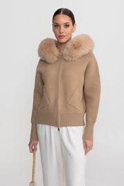 Valeriane Brown Zip-Up Wool Hoodie With Fox Fur Collar