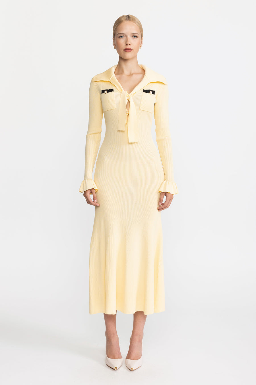 Tie Neck Rib Knit Ruffle Cuff Midi Dress - Yellow