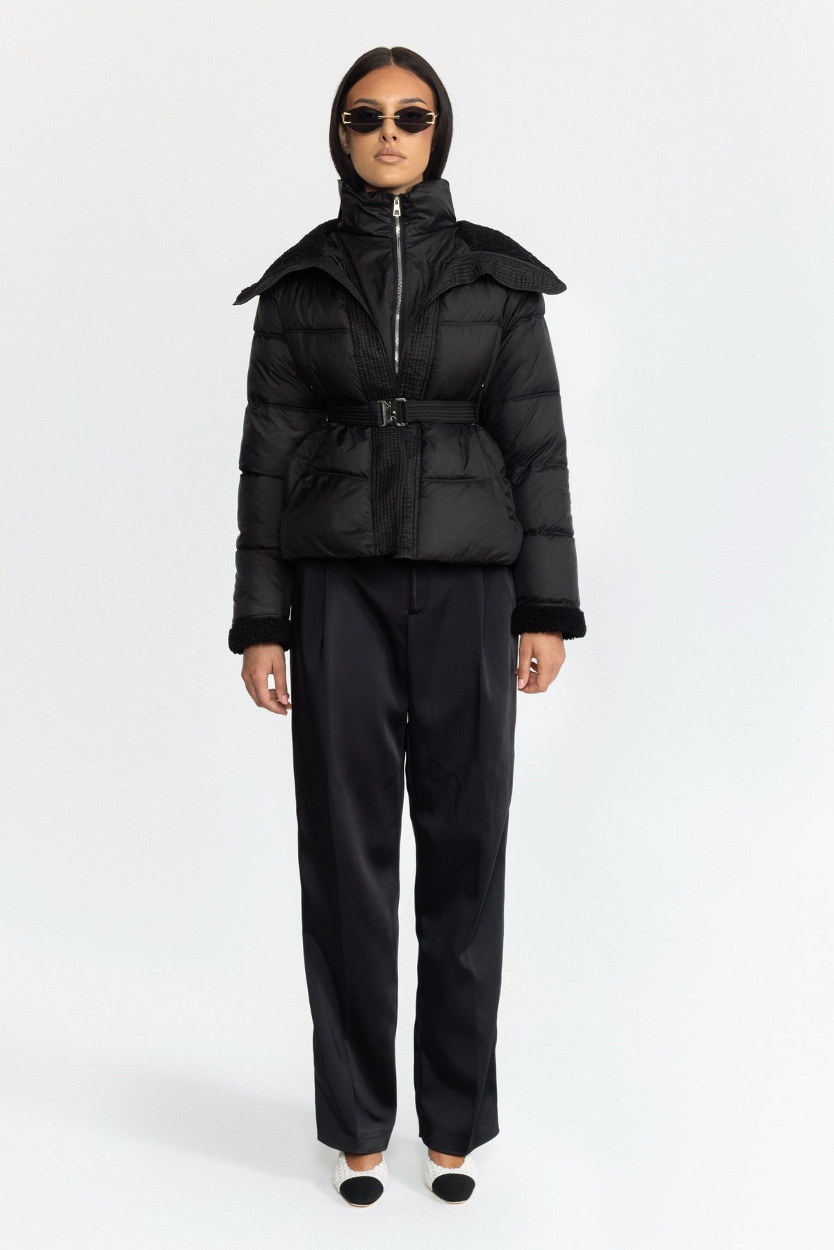 Belted Puffer Jacket with Teddy Collar - Black