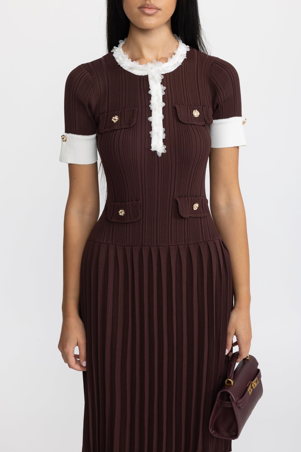 Pleated Knit Ruffle Trim Midi Dress - Chocolate