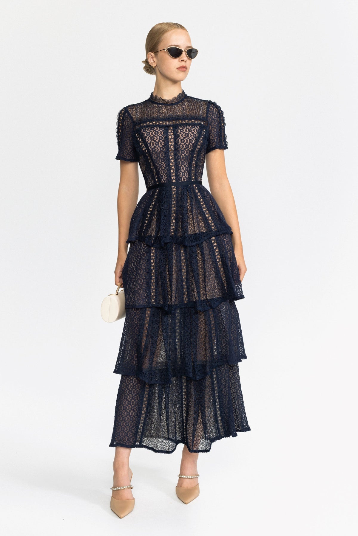 Panelled Lace Tiered Midi Dress - Navy