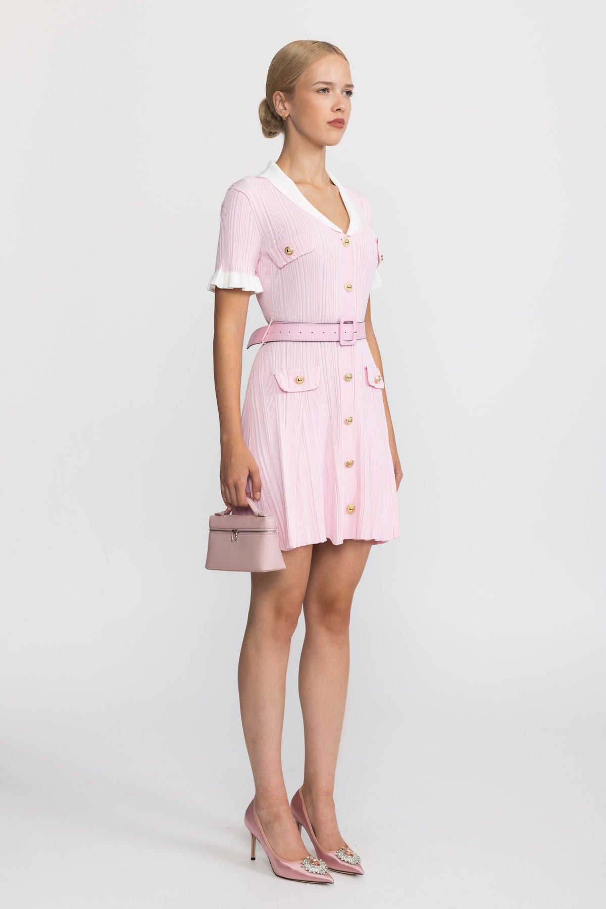 Ribbed Knit Contrast Collar Belted Mini Dress - Pink