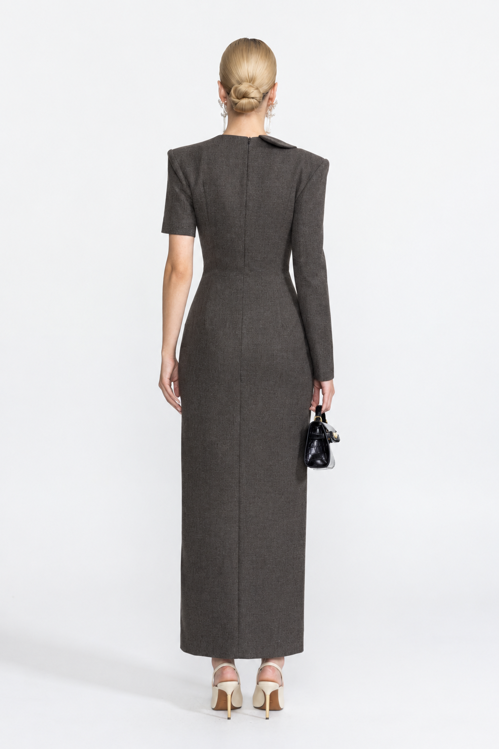 Seraphine Charcoal Lace Bustier Asymmetric Blazer Maxi Dress