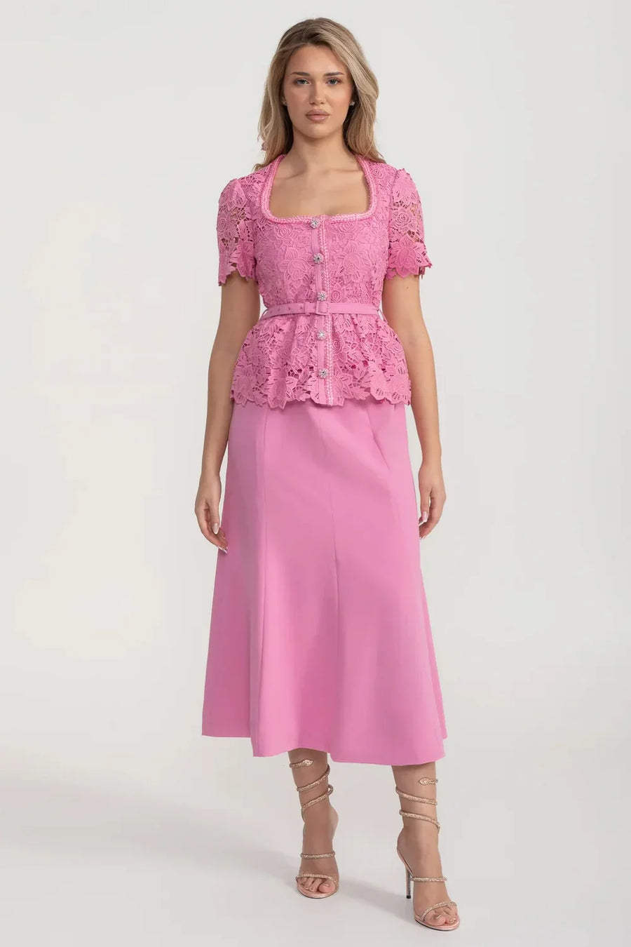 Aurelia Pink Elegant Dress With Lace Top, Matching Belt And Coordinated Skirt
