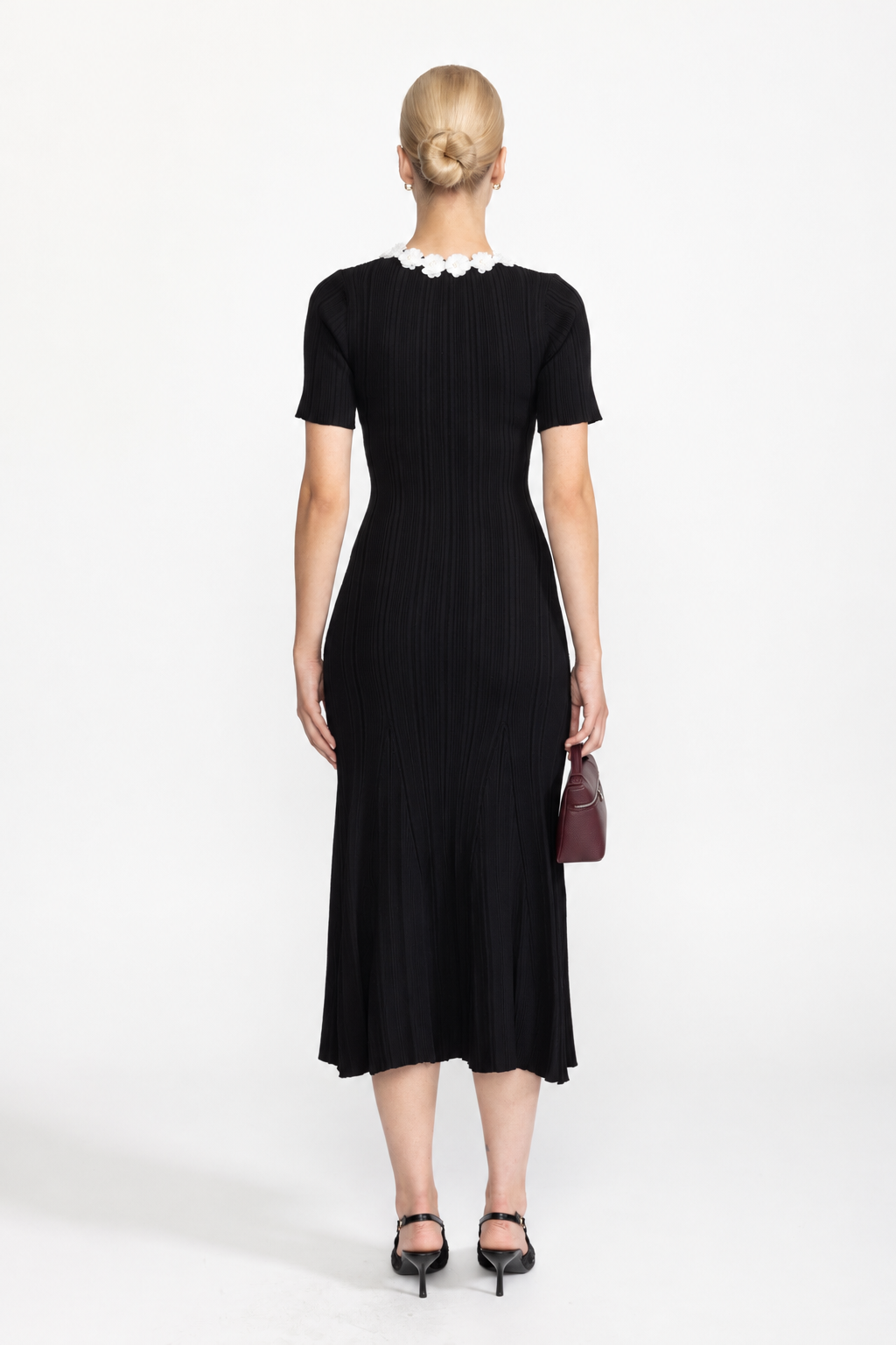 Florence Black Ribbed Knit Flower Appliqué Midi Dress