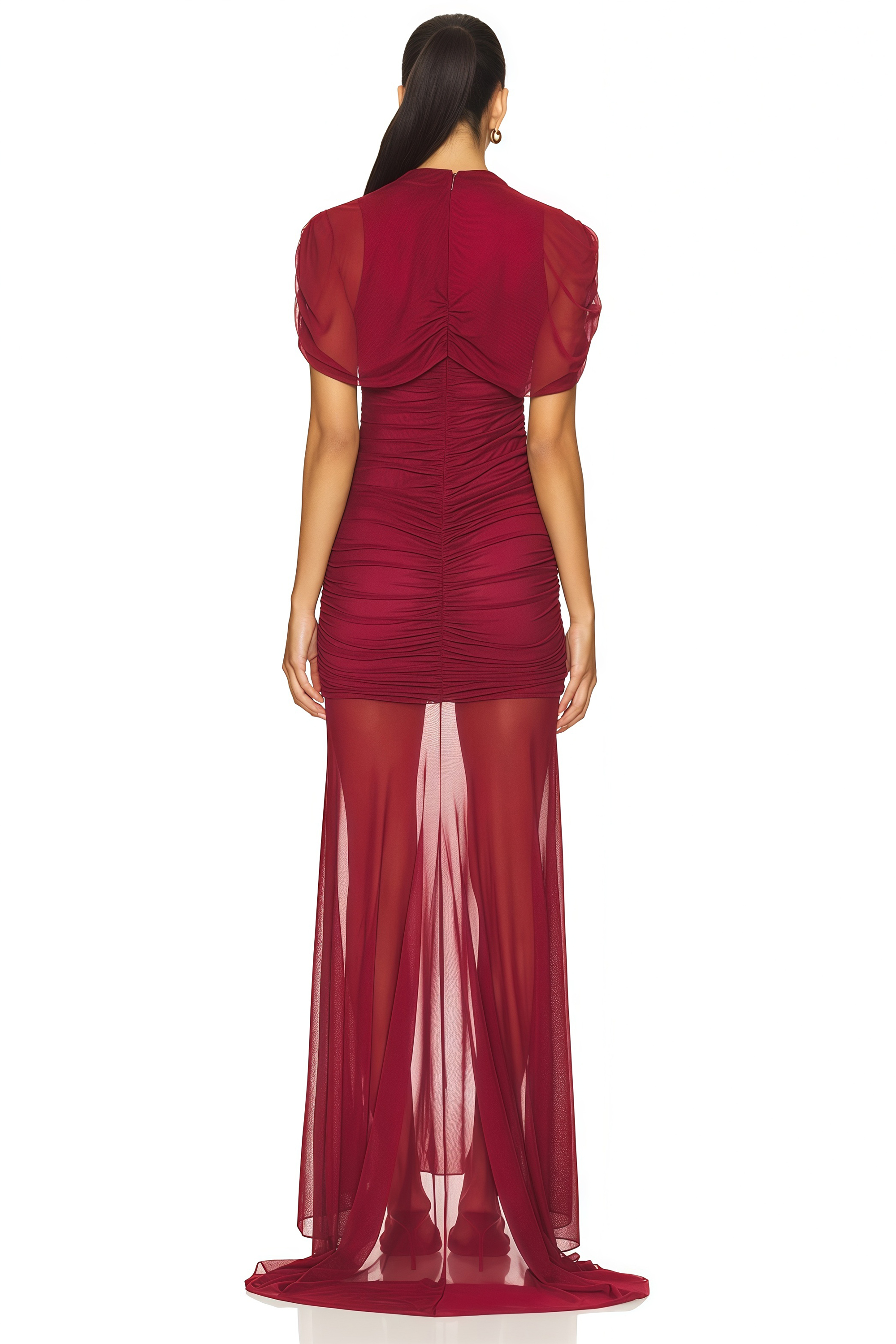 Sylphe Red Asymmetrical Ruched Mesh Maxi Dress