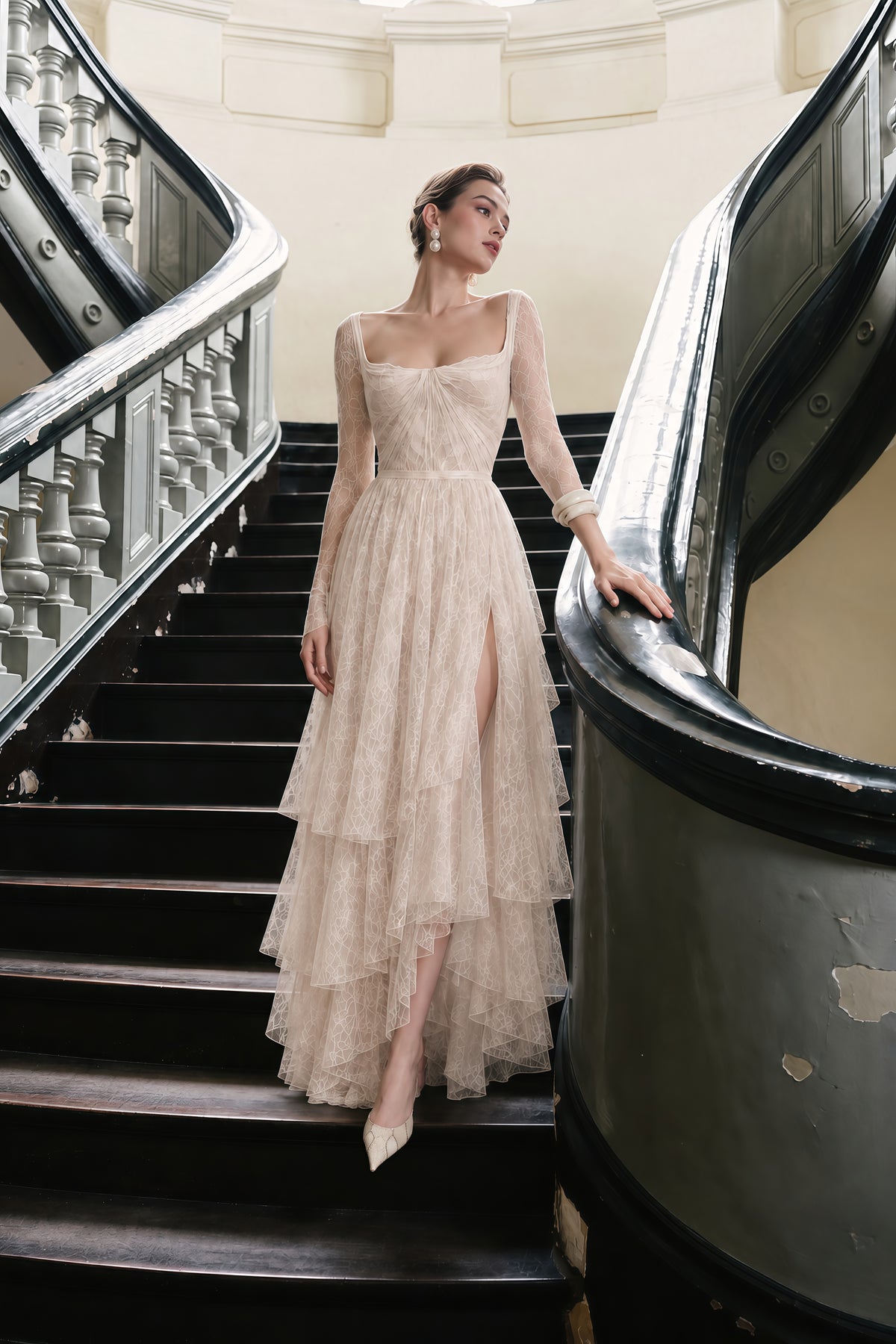 aalto neutral lace ruffled maxi dress with slit