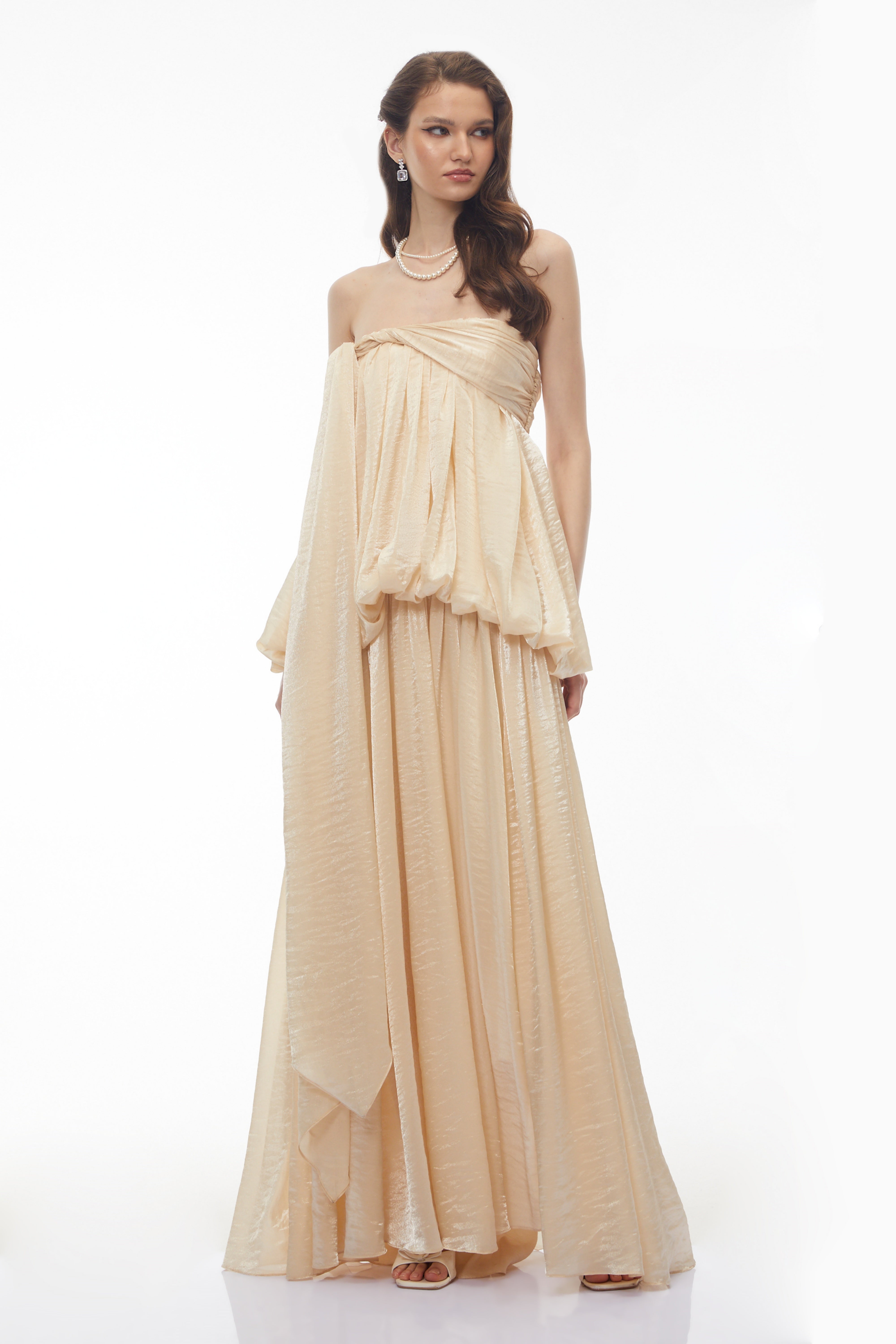 Aamu Champagne Off Shoulder Maxi Dress