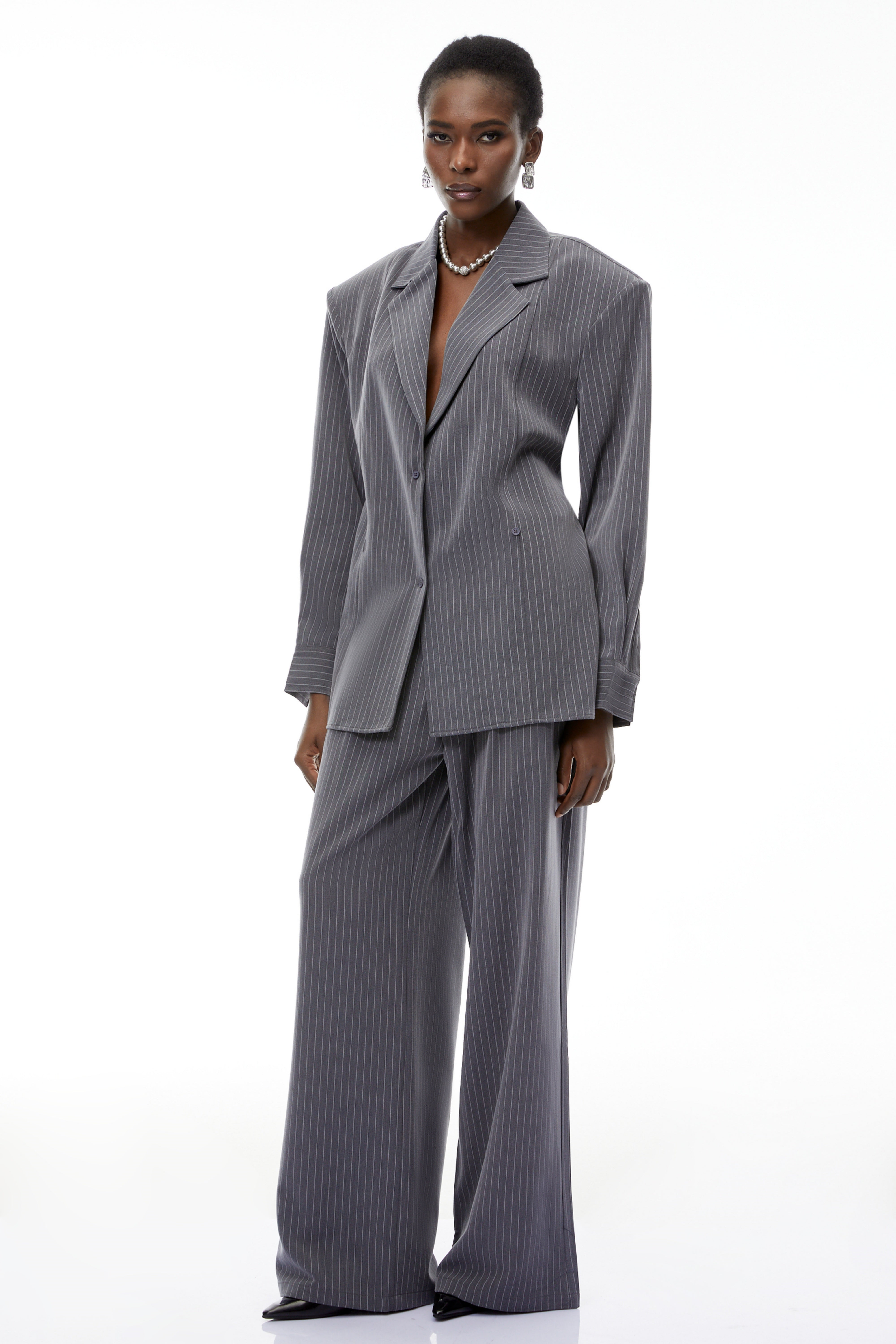 Abigail Grey Vertical Stripe Blazer & Trousers Set
