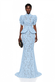 Adèle Blue Short Sleeve Floral Blouse & Mermaid Skirt Set