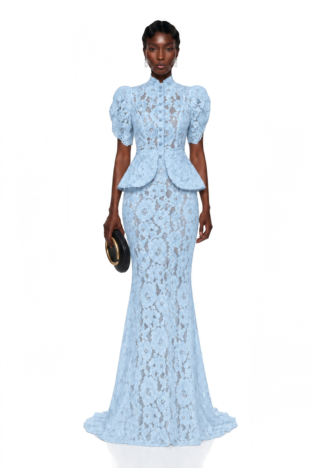 adèle blue short sleeve floral blouse & mermaid skirt set