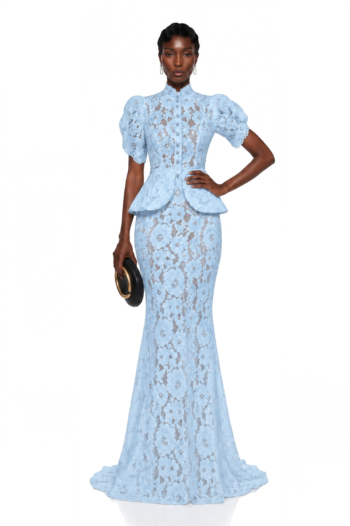 adèle blue short sleeve floral blouse & mermaid skirt set