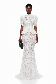 Adèle White Short Sleeve Floral Blouse & Mermaid Skirt Set