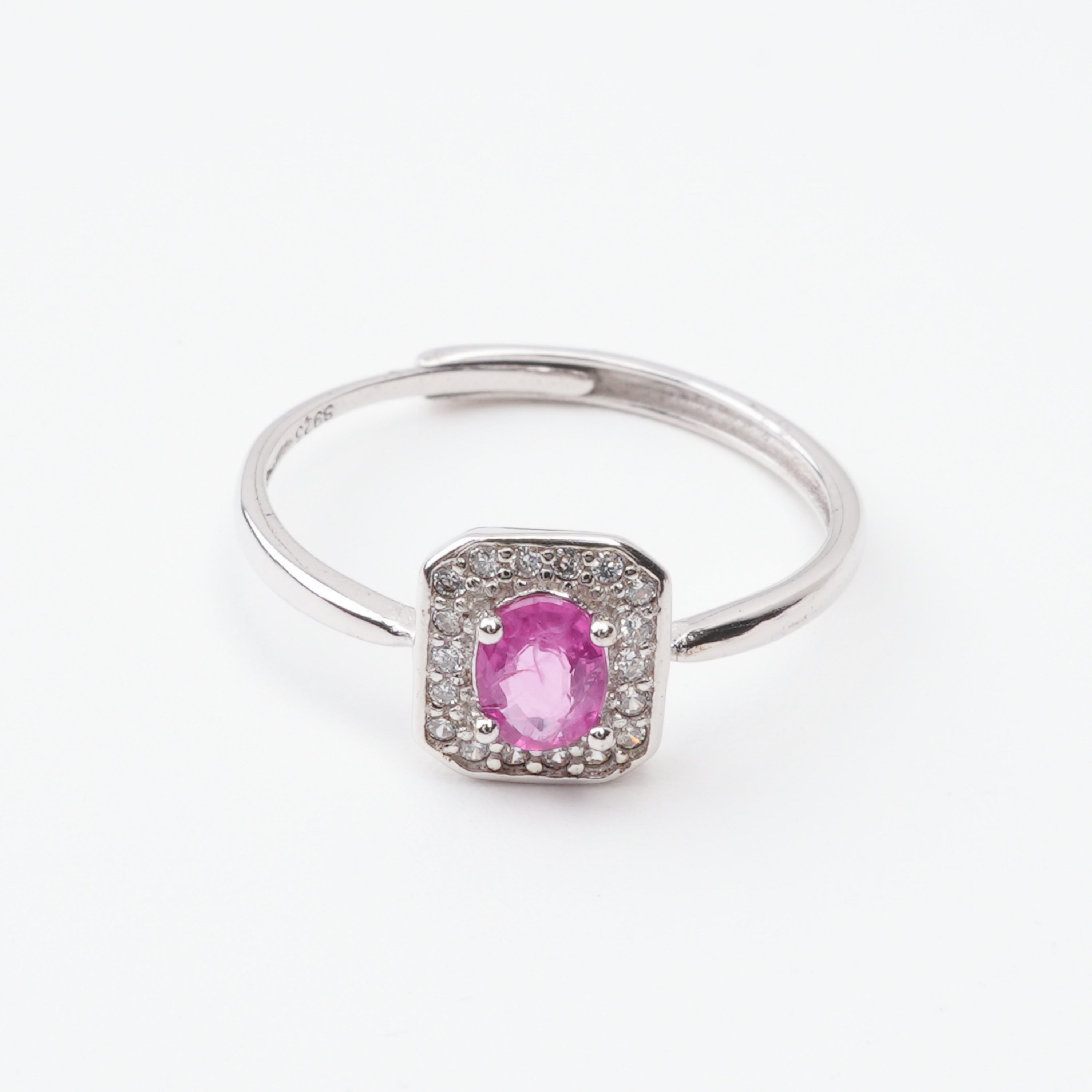 Agathe Pink Ruby Cushion Halo Sterling Silver Ring