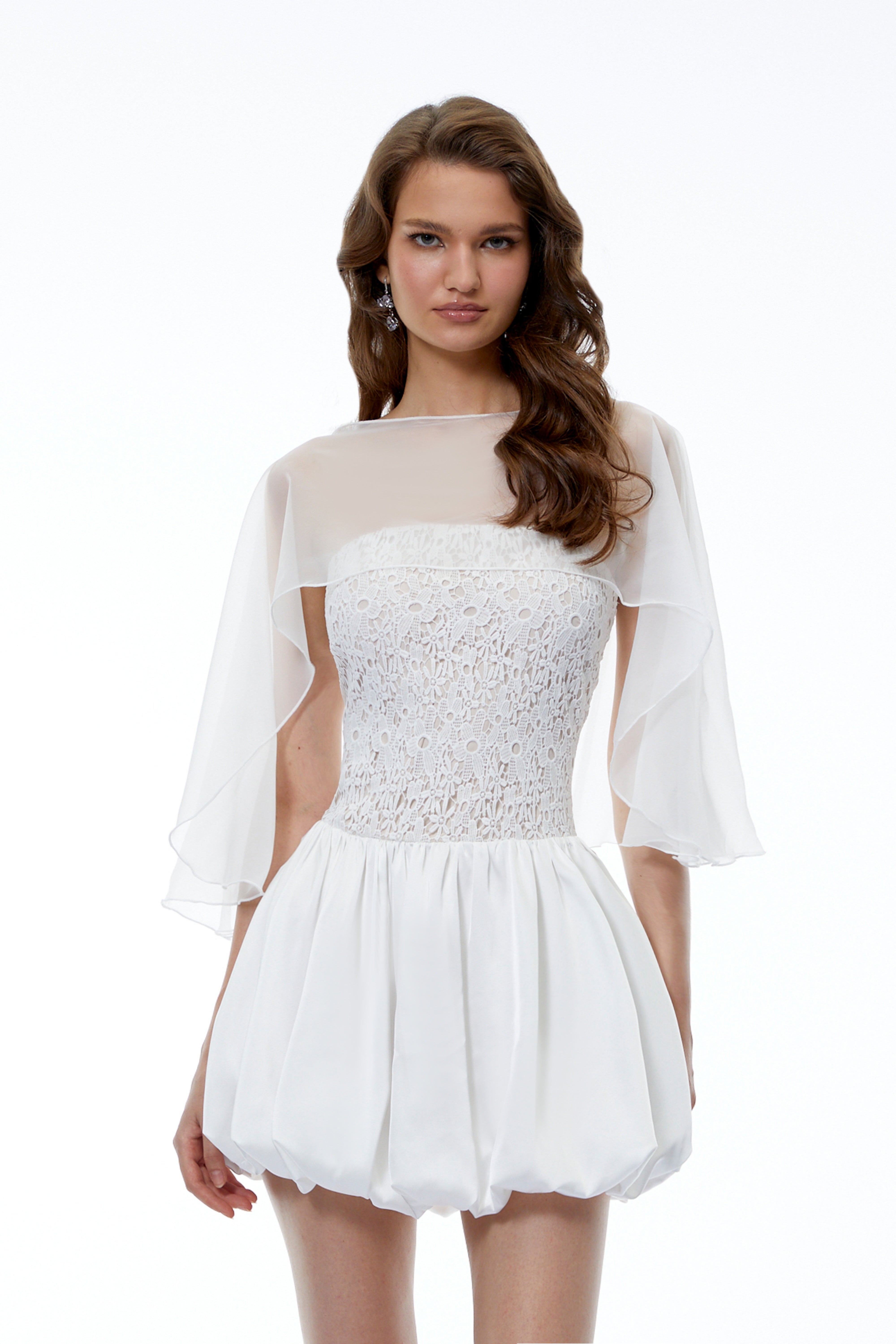 Agnes White Off Shoulder Floral Panel Puffball Mini Dress with Cape