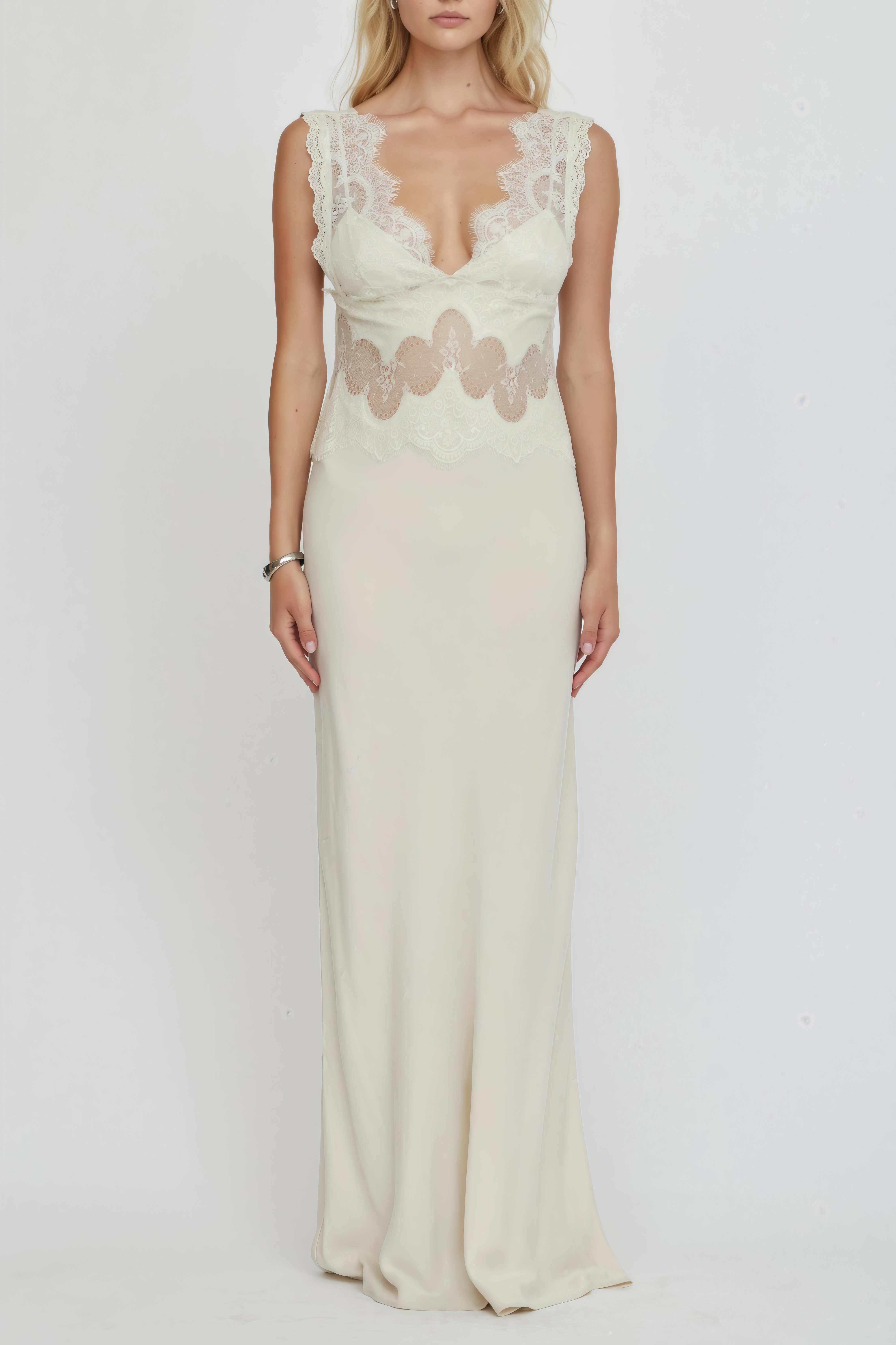 Aitana Neutrals Satin Maxi Dress with Lace Panels (Final Sale-US Only)