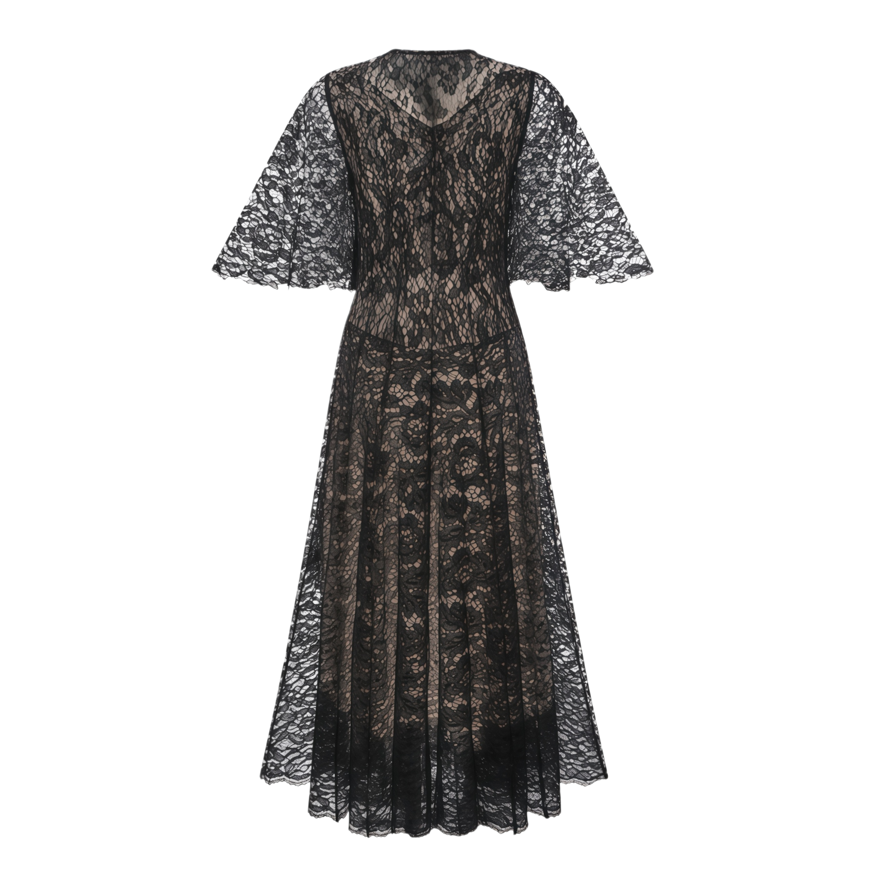 Alaia Black Cape Design Floral Lace Midi Dress