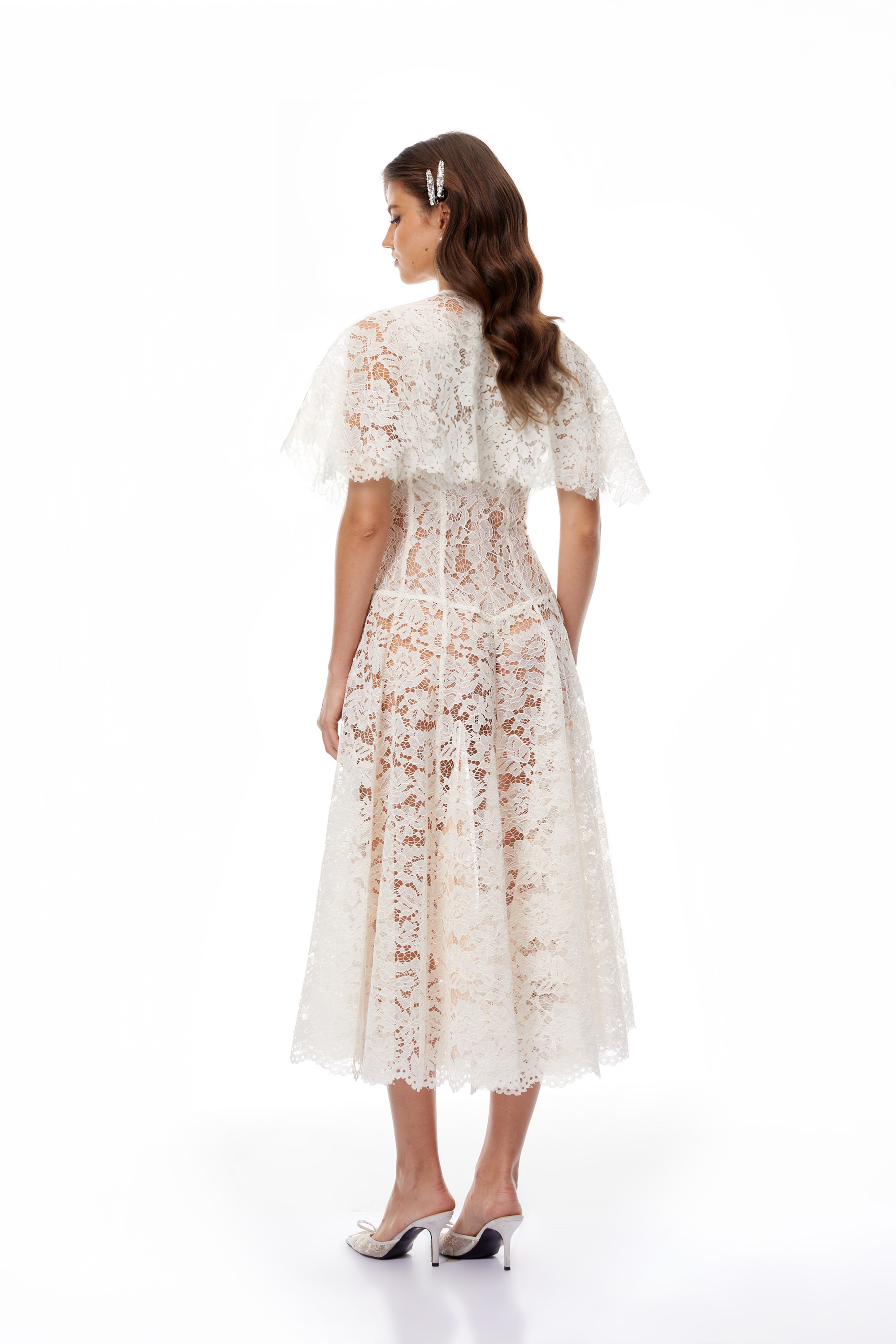 Alaia White Cape Design Floral Lace Midi Dress