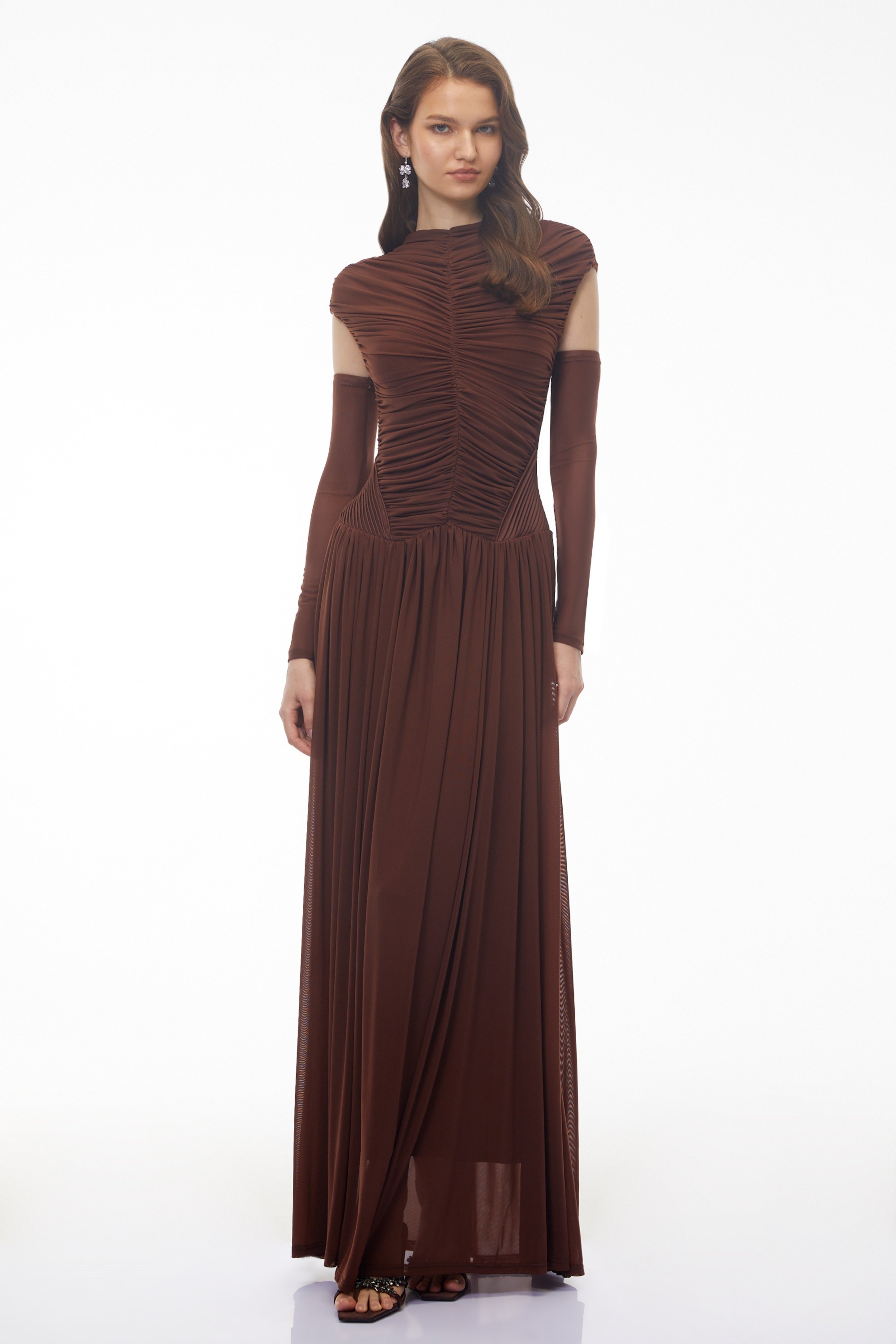 Alberte Brown Mock Neck Ruched Maxi Dress