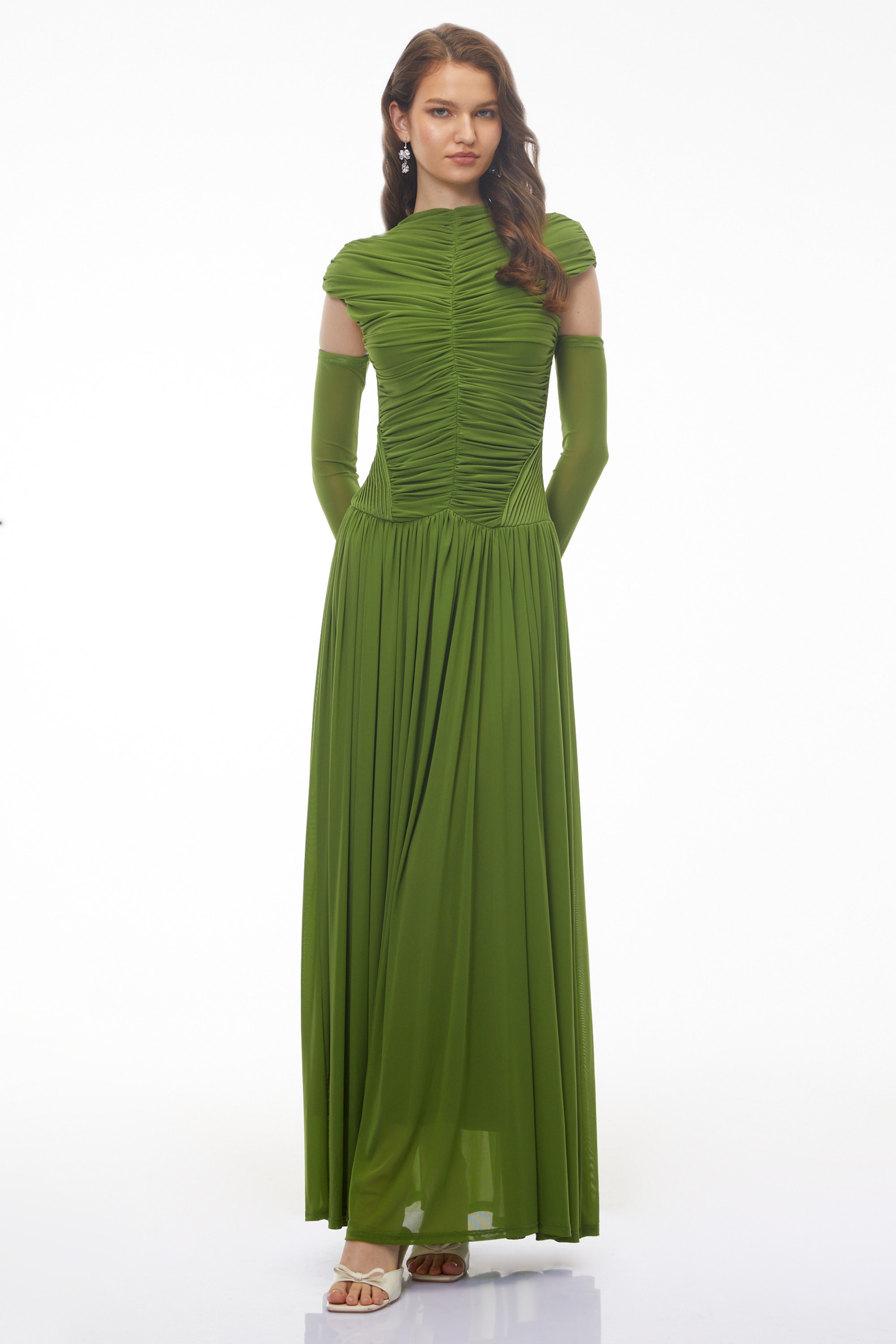 Alberte Green Mock Neck Ruched Maxi Dress