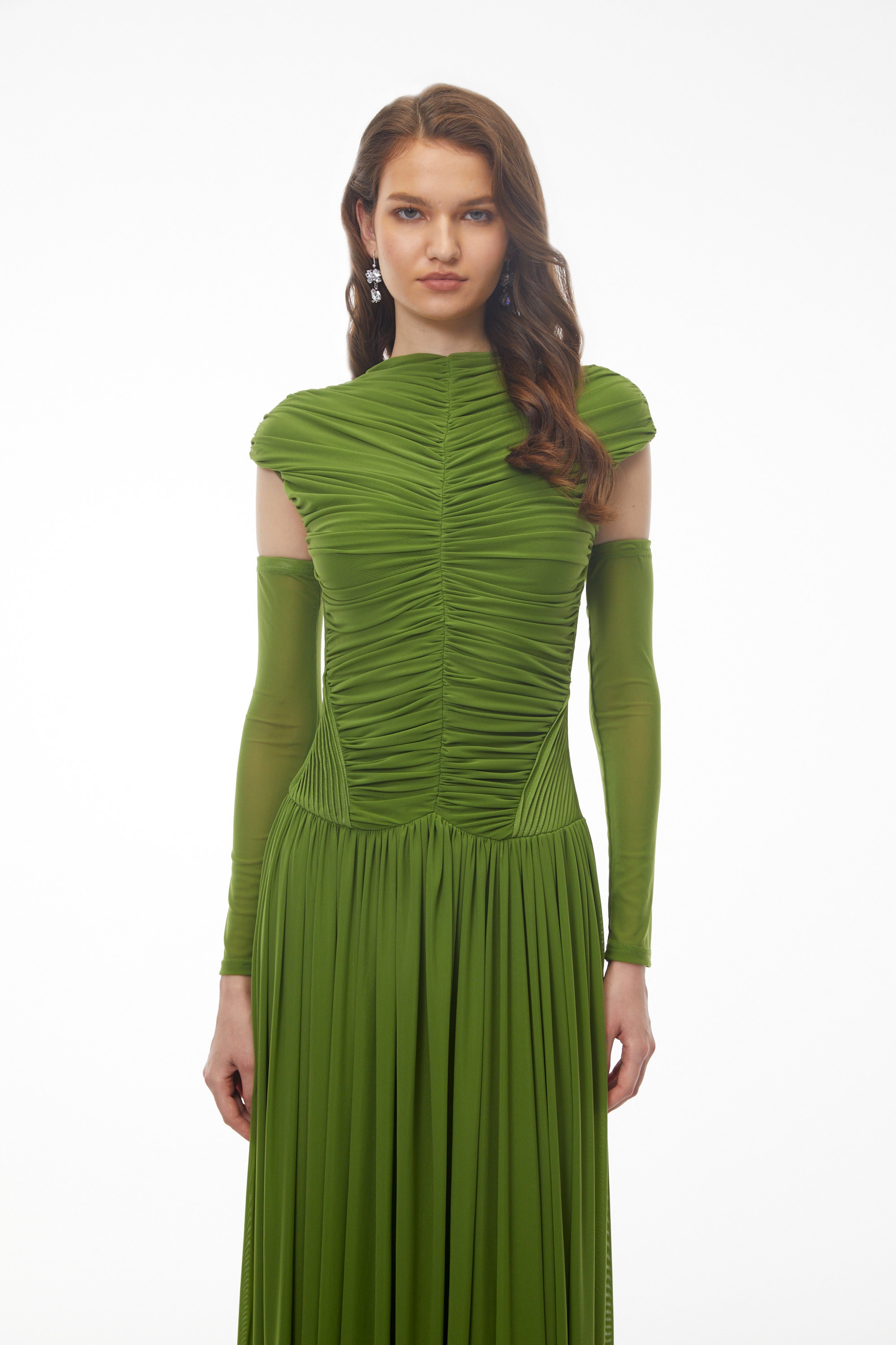 Alberte Green Mock Neck Ruched Maxi Dress