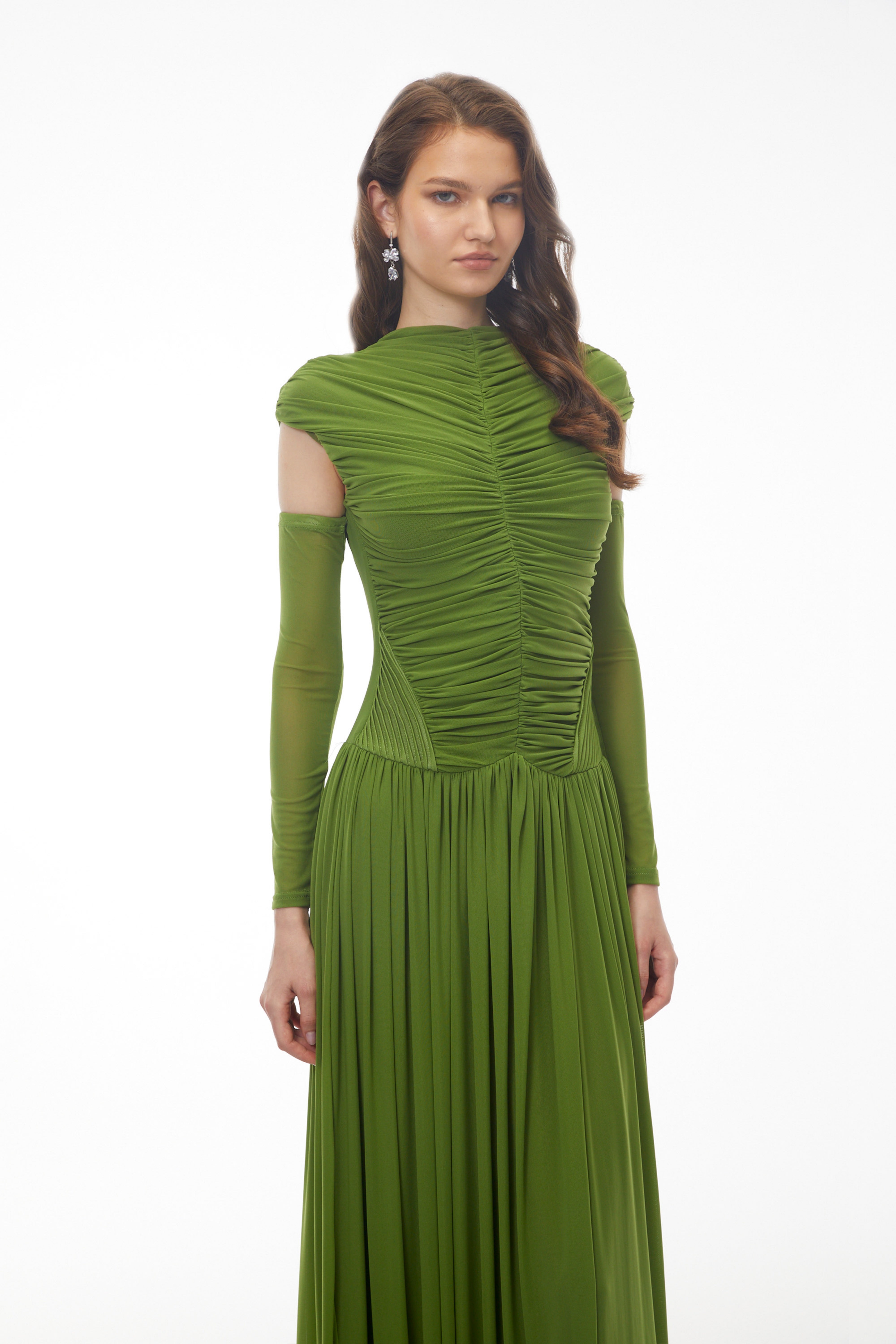 Alberte Green Mock Neck Ruched Maxi Dress
