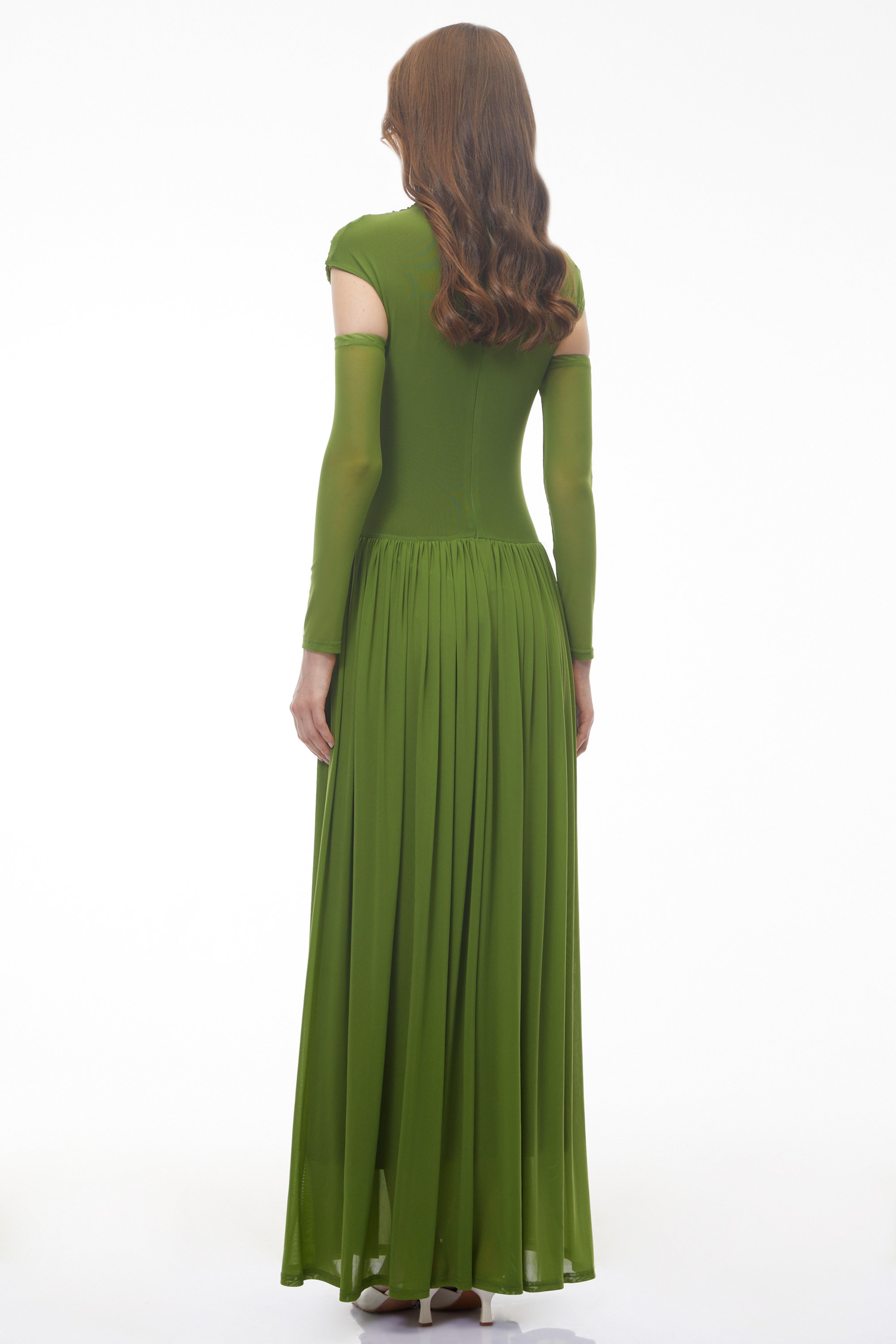 Alberte Green Mock Neck Ruched Maxi Dress