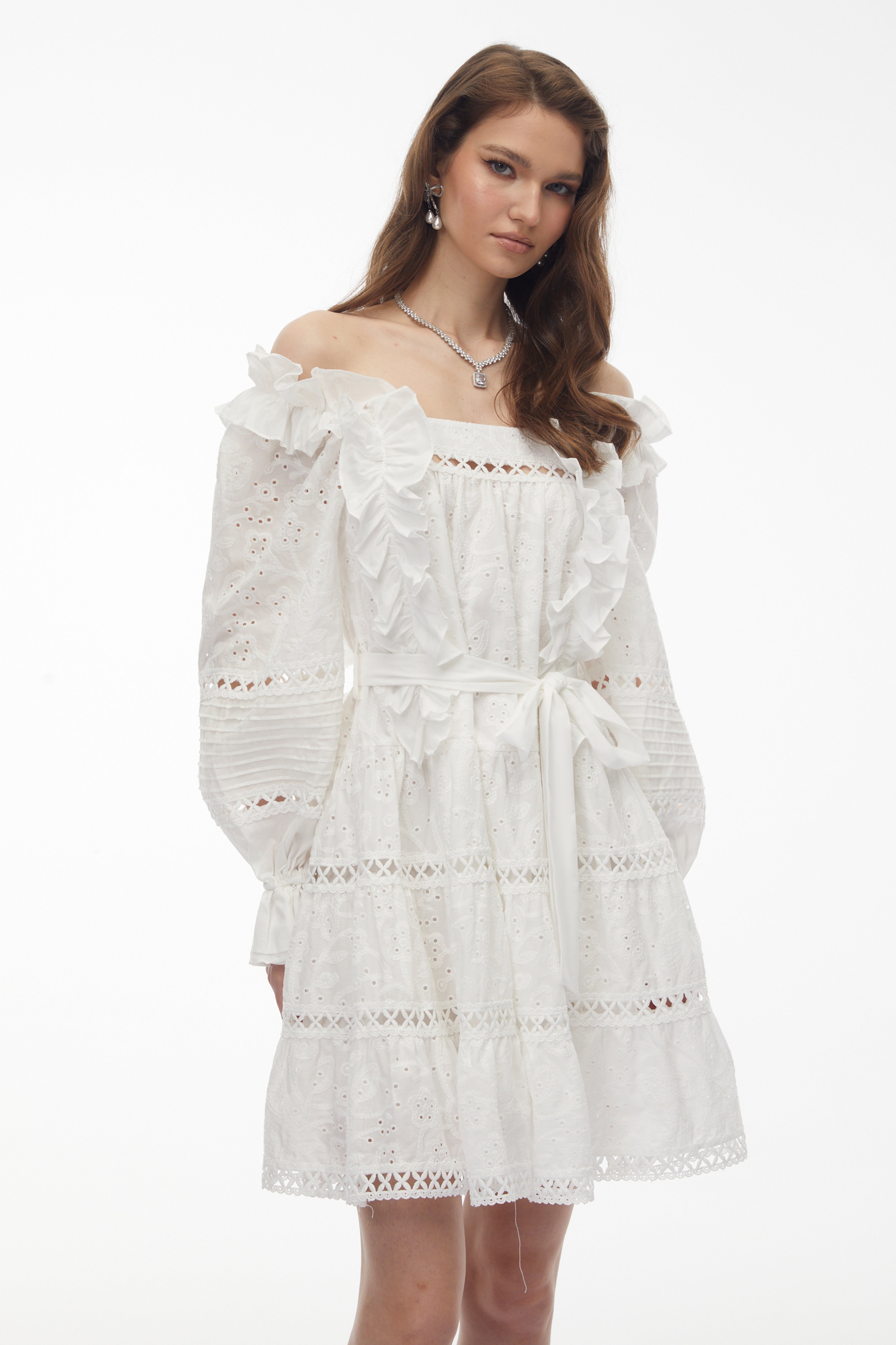 Alcestis White Ruffled Mini Dress with Self-Tie