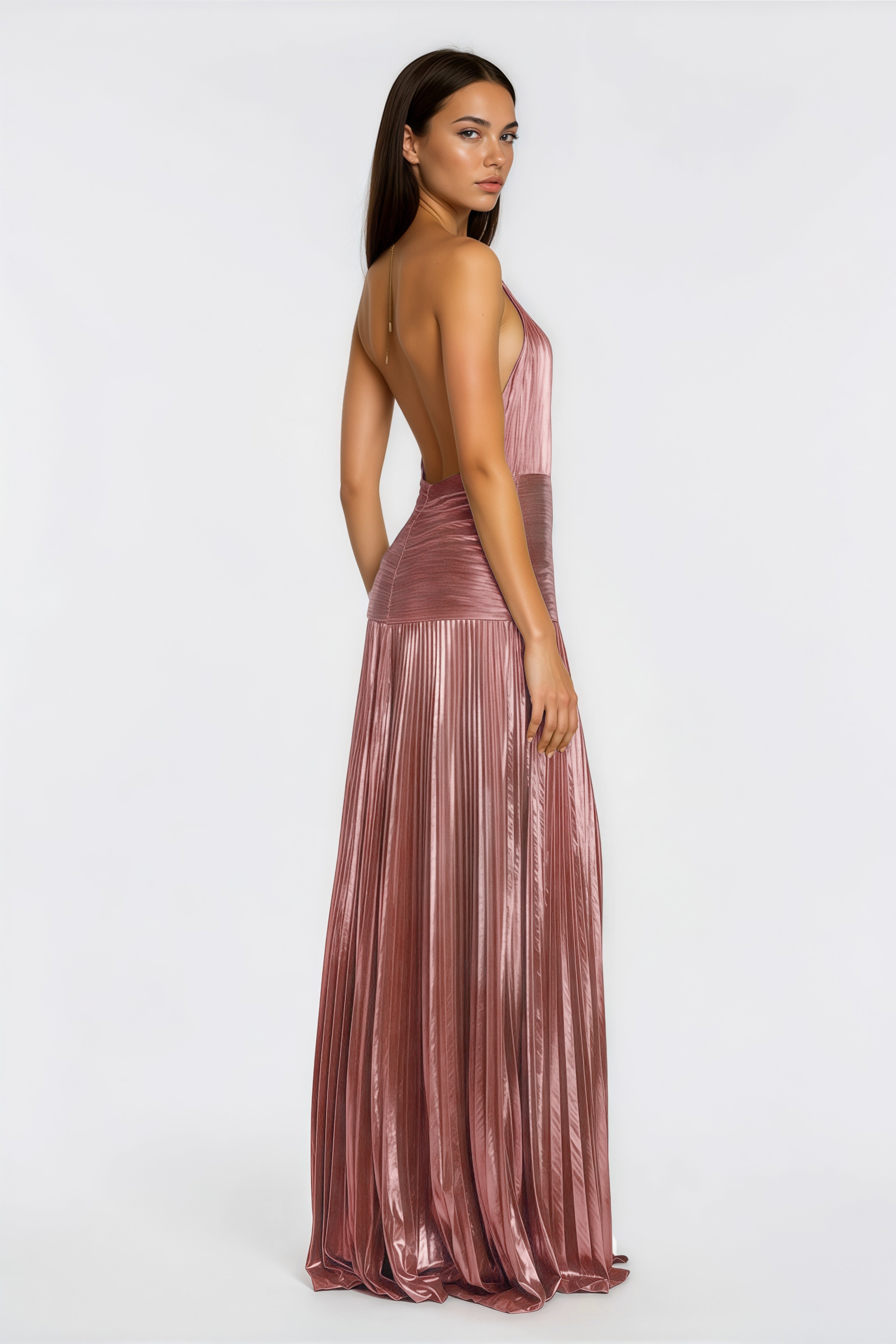 Alchimie Pink Glossy Pleated Maxi Dress (Final Sale-US Only)