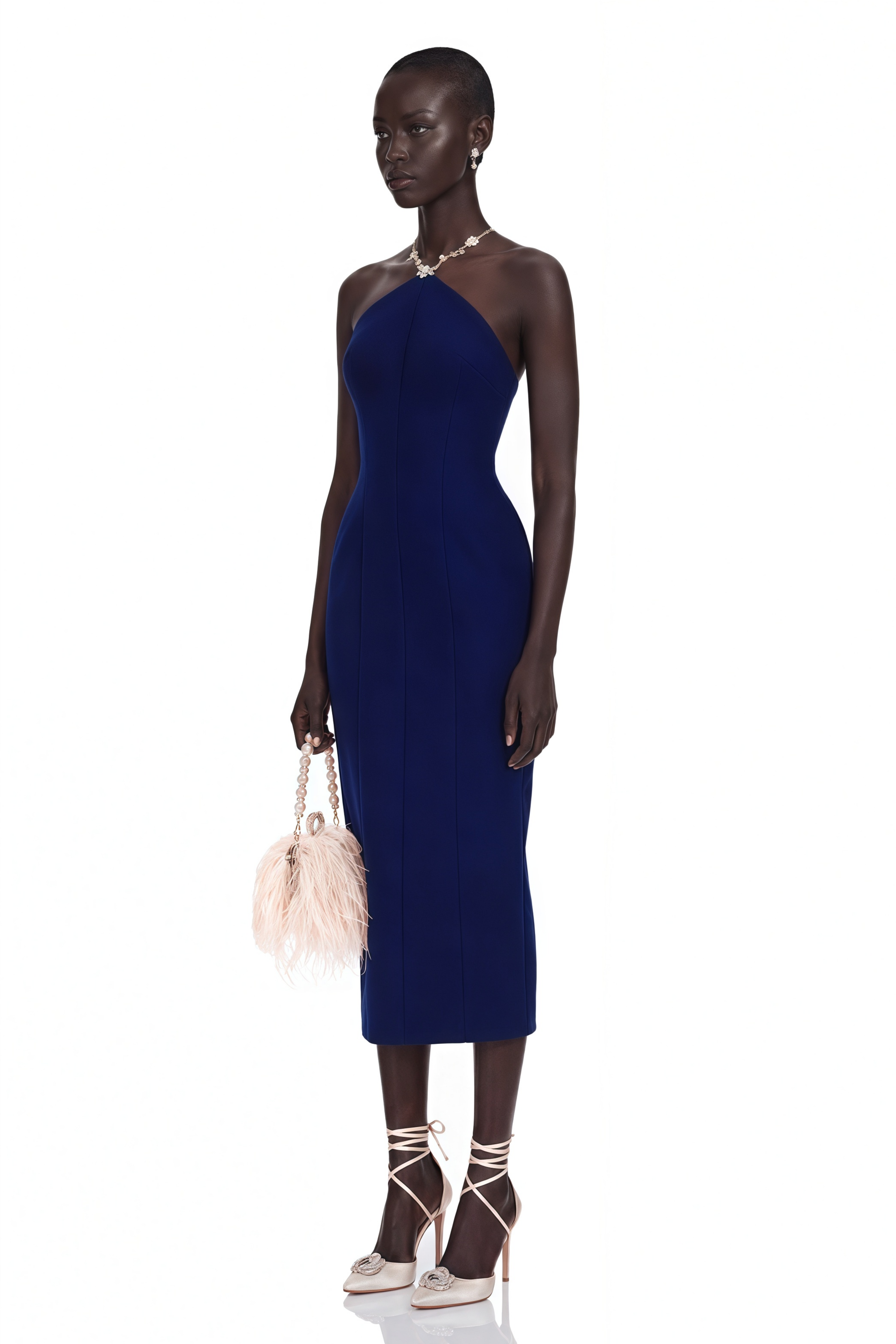 Alejandra Navy Blue Embellished Halterneck Midi Dress