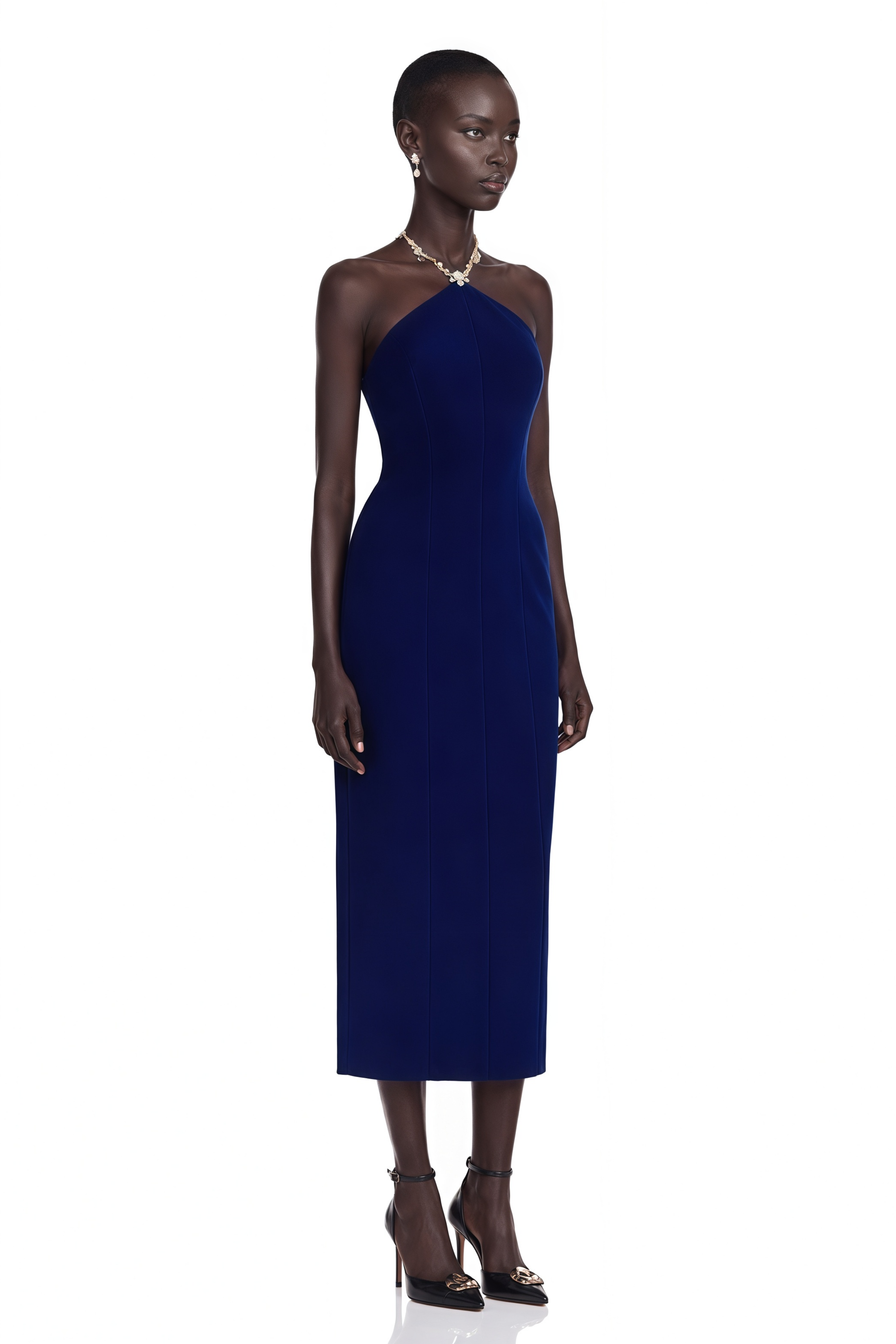 Alejandra Navy Blue Embellished Halterneck Midi Dress