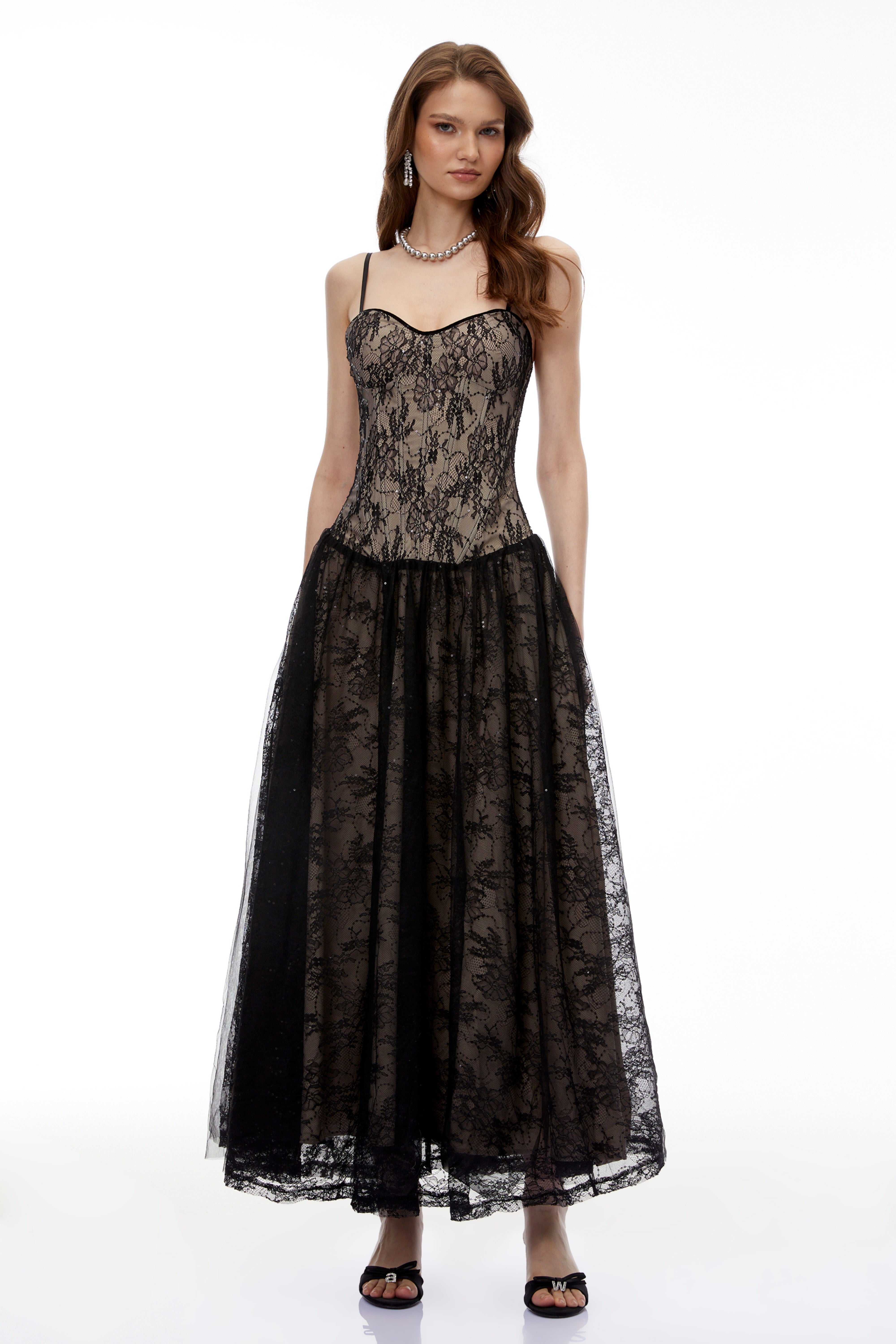 Alessa Black Floral Lace Maxi Dress with Tulle Panels