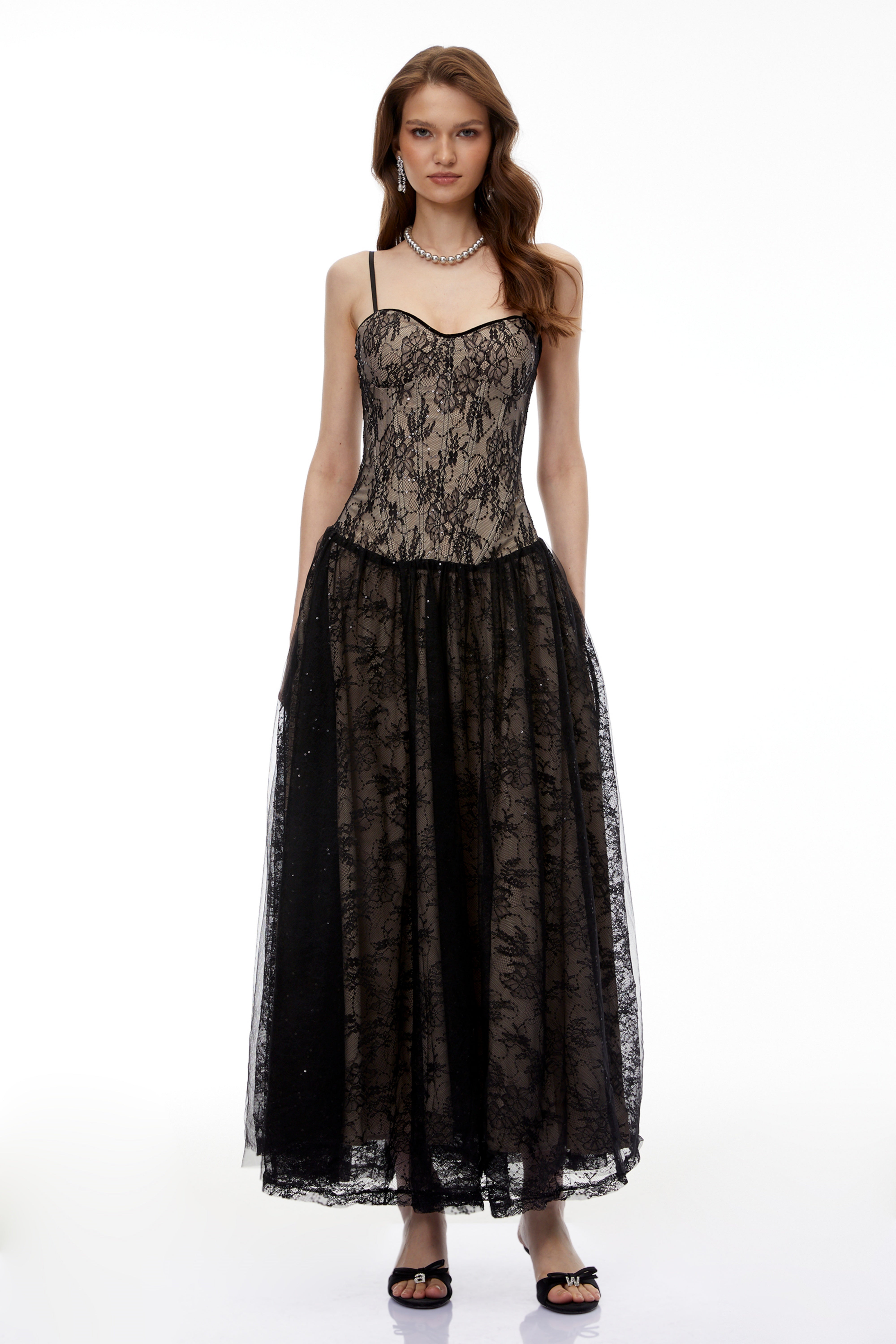 Alessa Black Floral Lace Maxi Dress with Tulle Panels