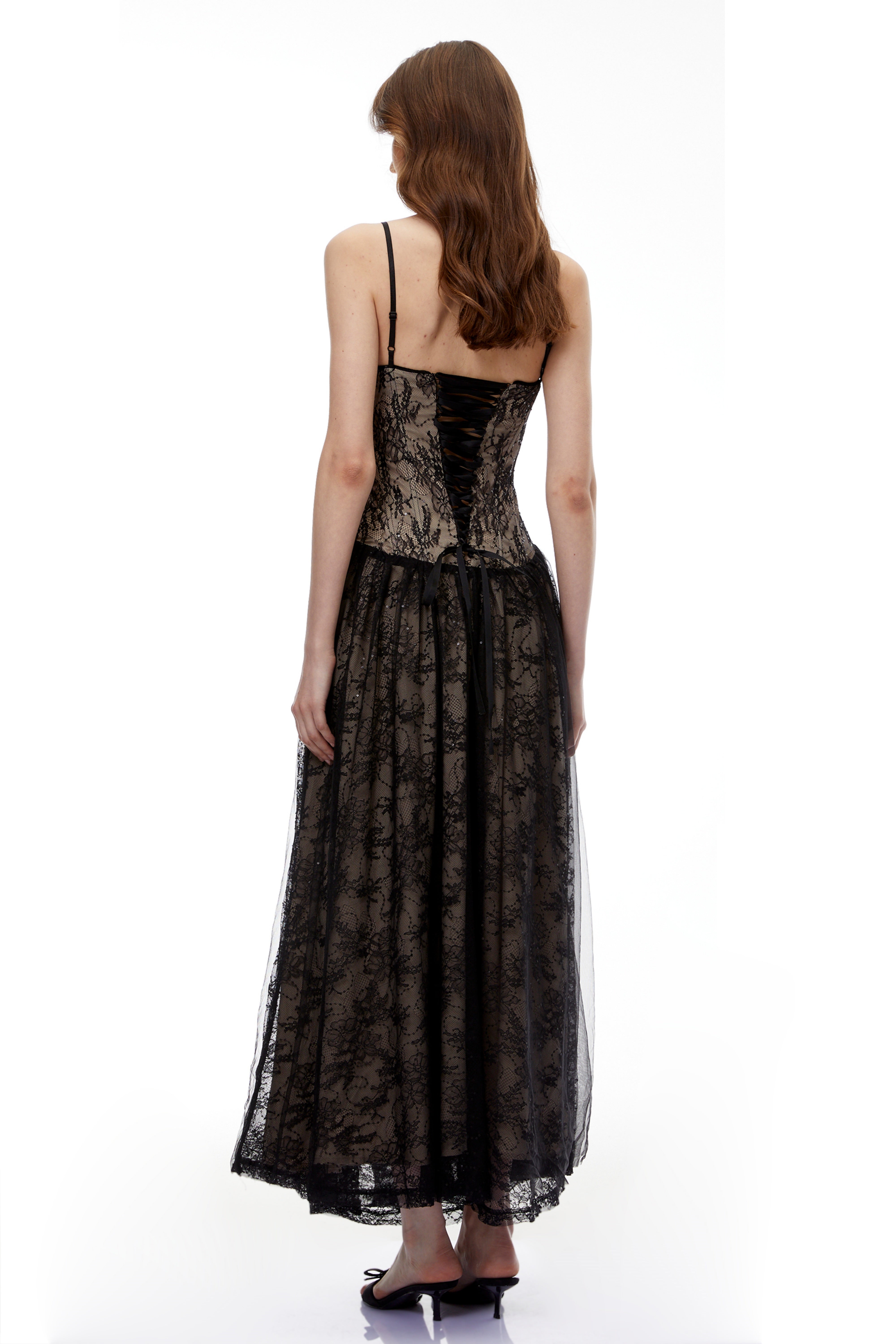 Alessa Black Floral Lace Maxi Dress with Tulle Panels