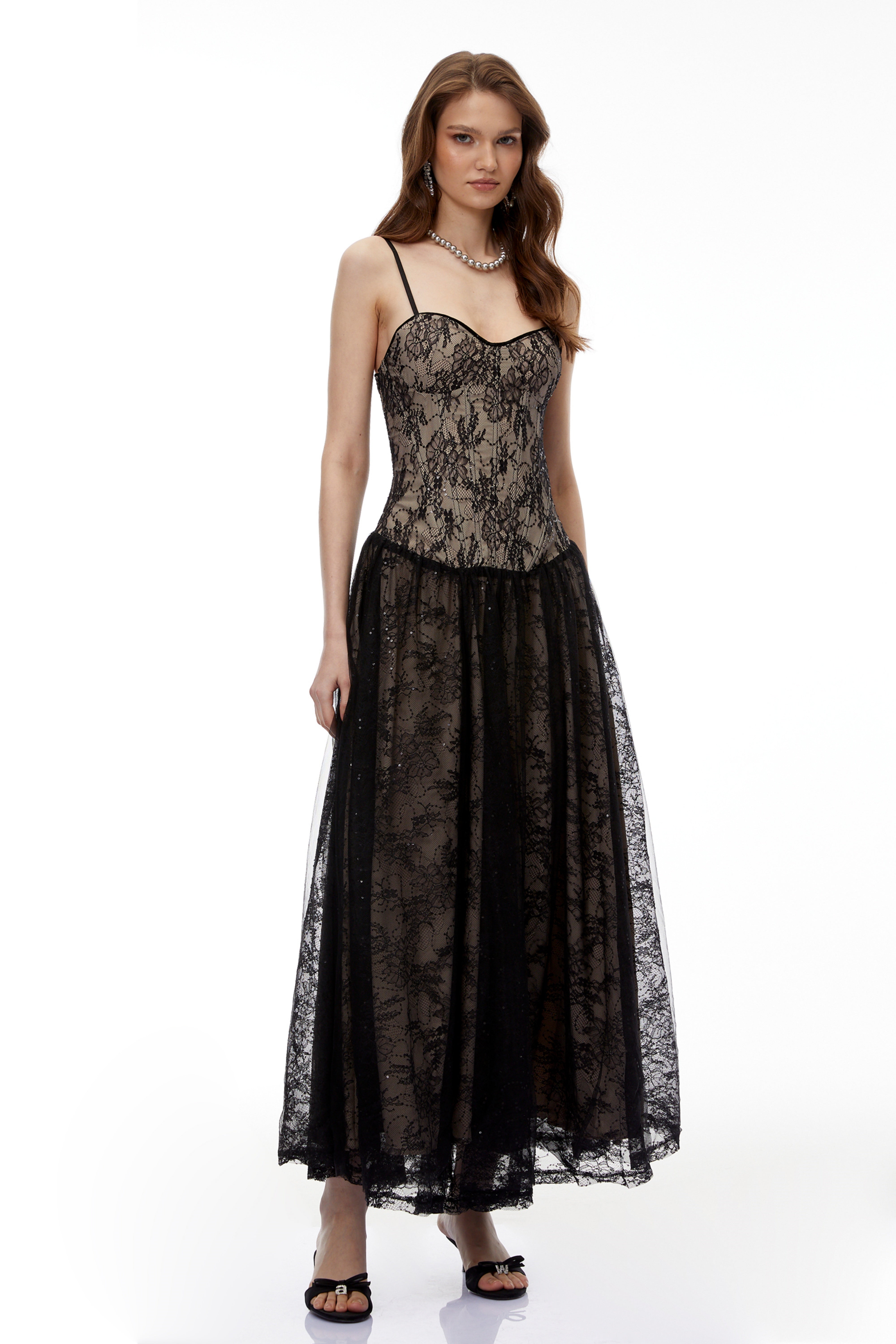 Alessa Black Floral Lace Maxi Dress with Tulle Panels