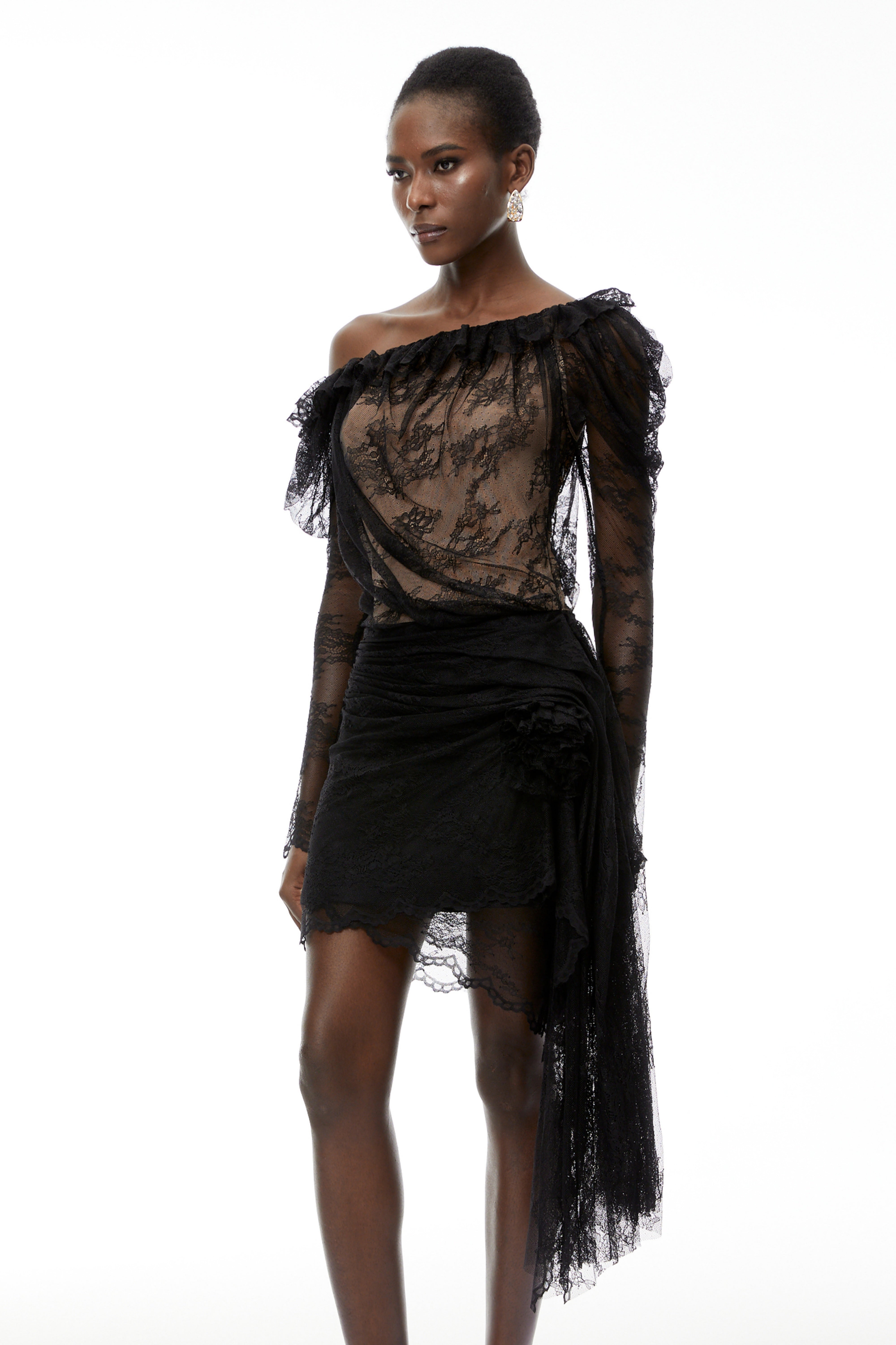 Alexis Black Semi-Sheer Floral Lace Mini Dress