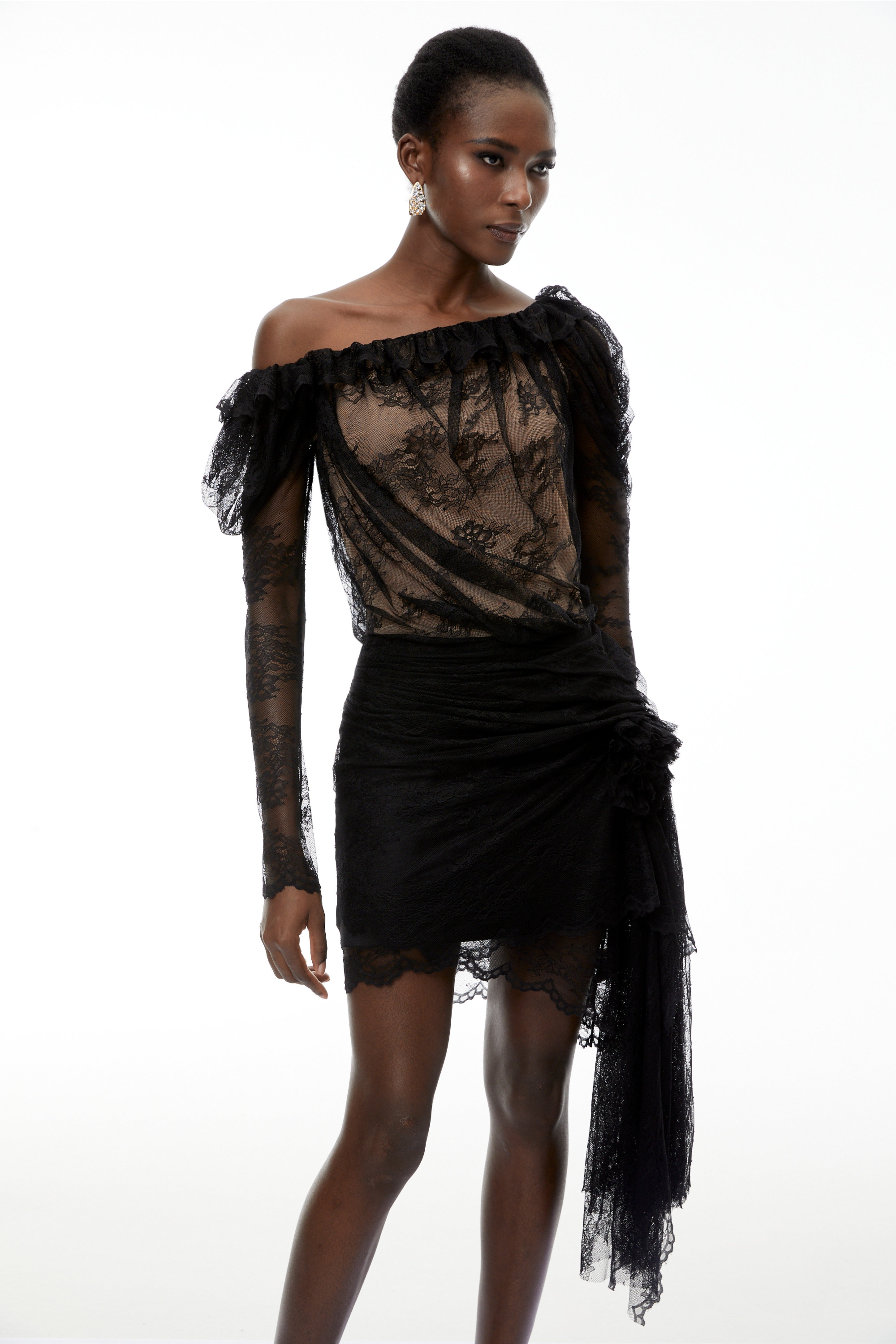 Alexis Black Semi-Sheer Floral Lace Mini Dress