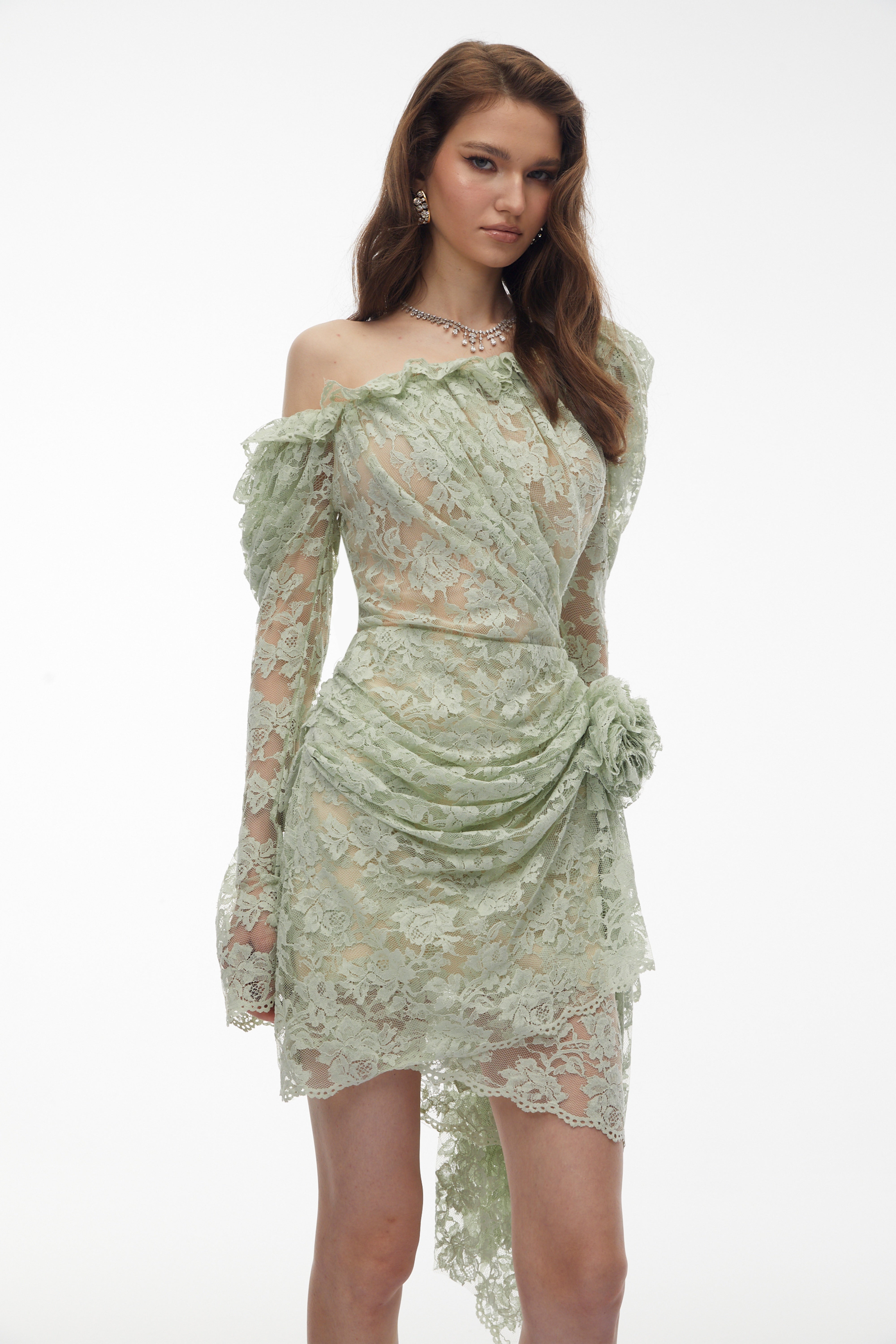 Alexis Sage Green Semi-Sheer Floral Lace Mini Dress (Final Sale-US Only)