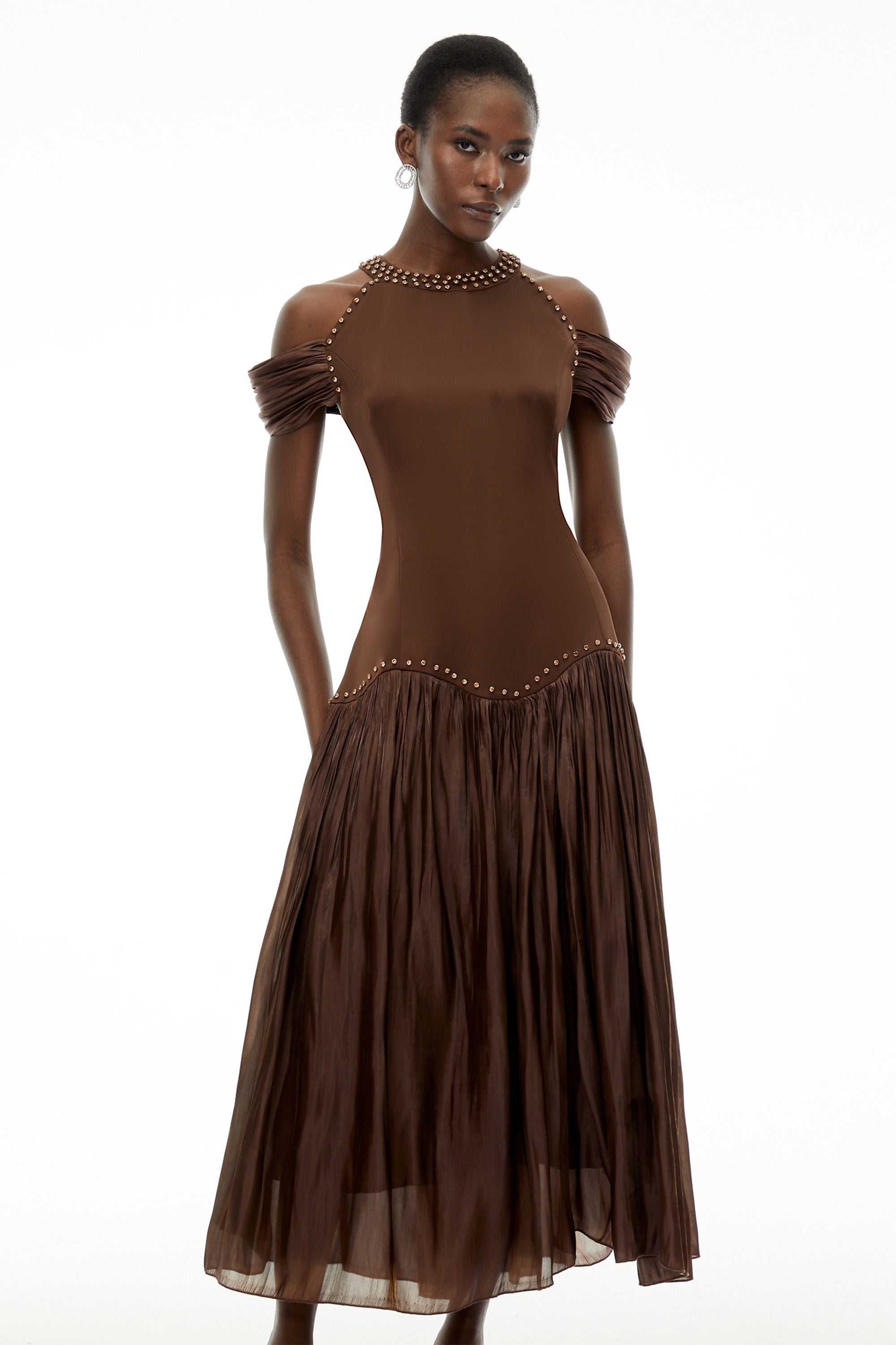 Alice Chocolate Brown Embellished Pleated Maxi Dress