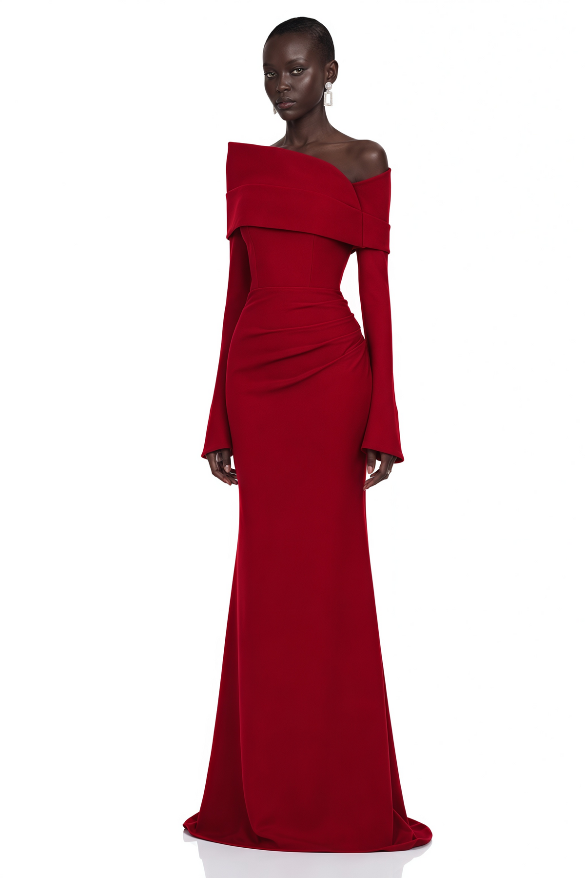 alina red asymmetrical draped maxi dress
