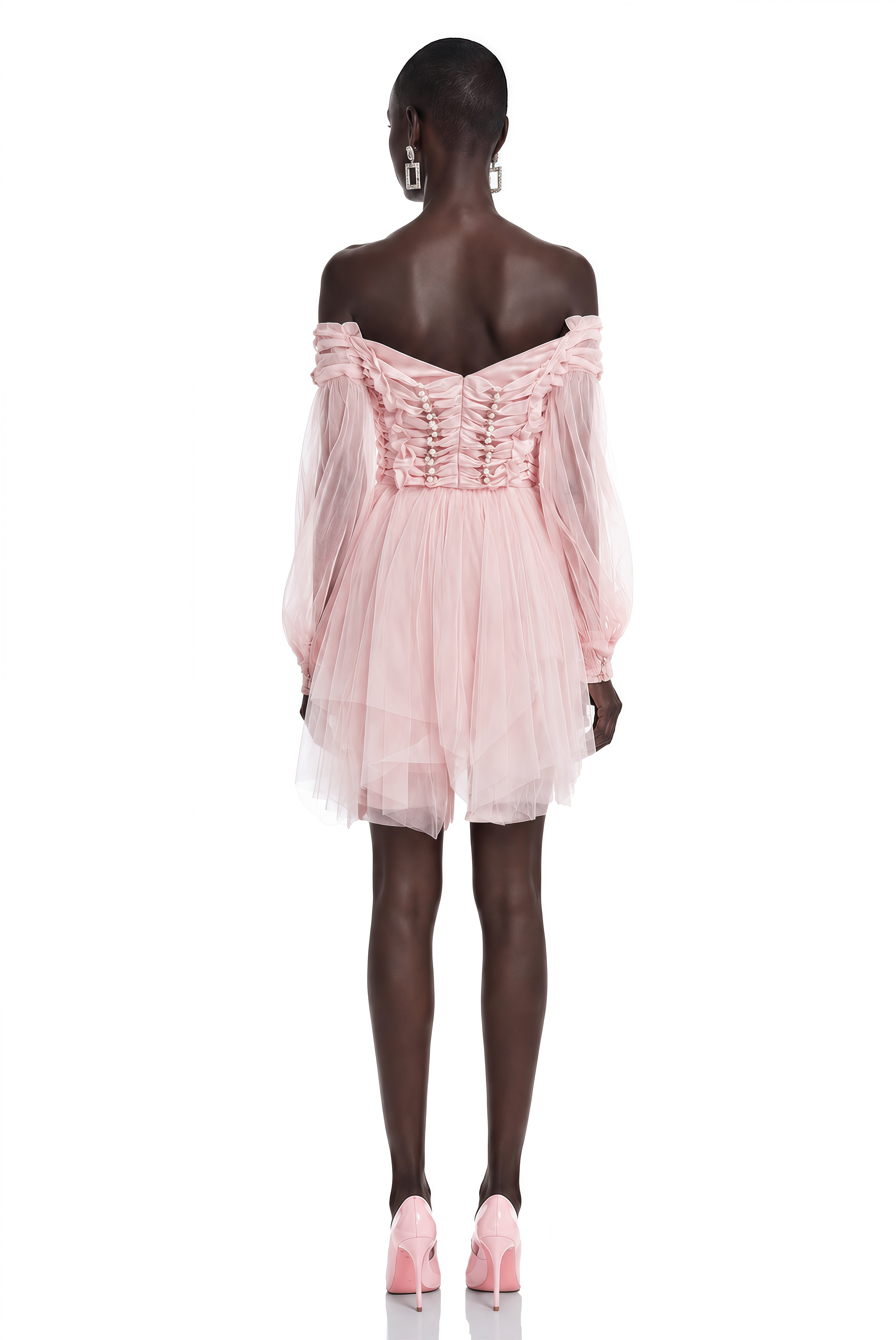 Alma Blush Pink Ruffled Asymmetrical Mini Dress with Pearls