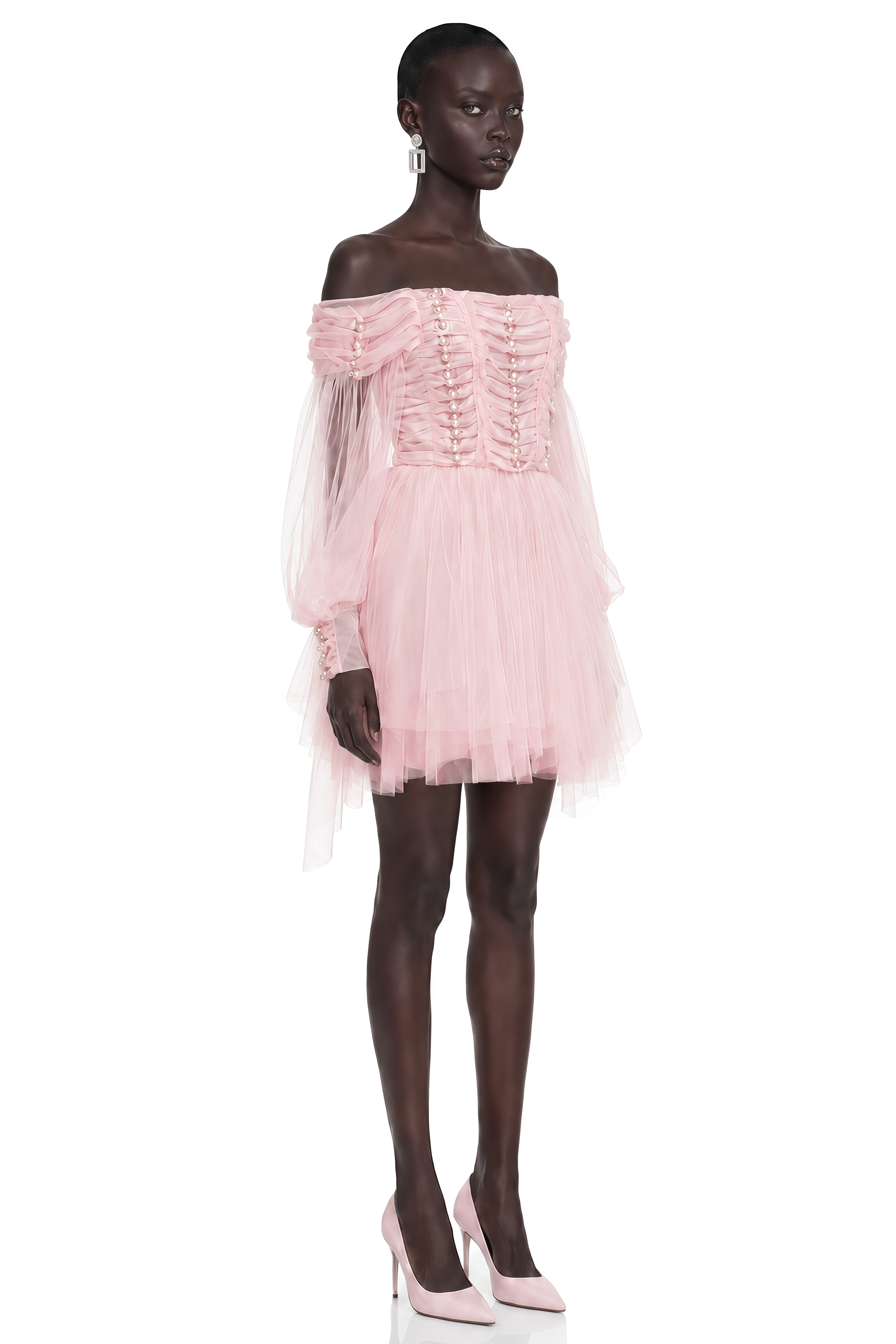 Alma Blush Pink Ruffled Asymmetrical Mini Dress with Pearls