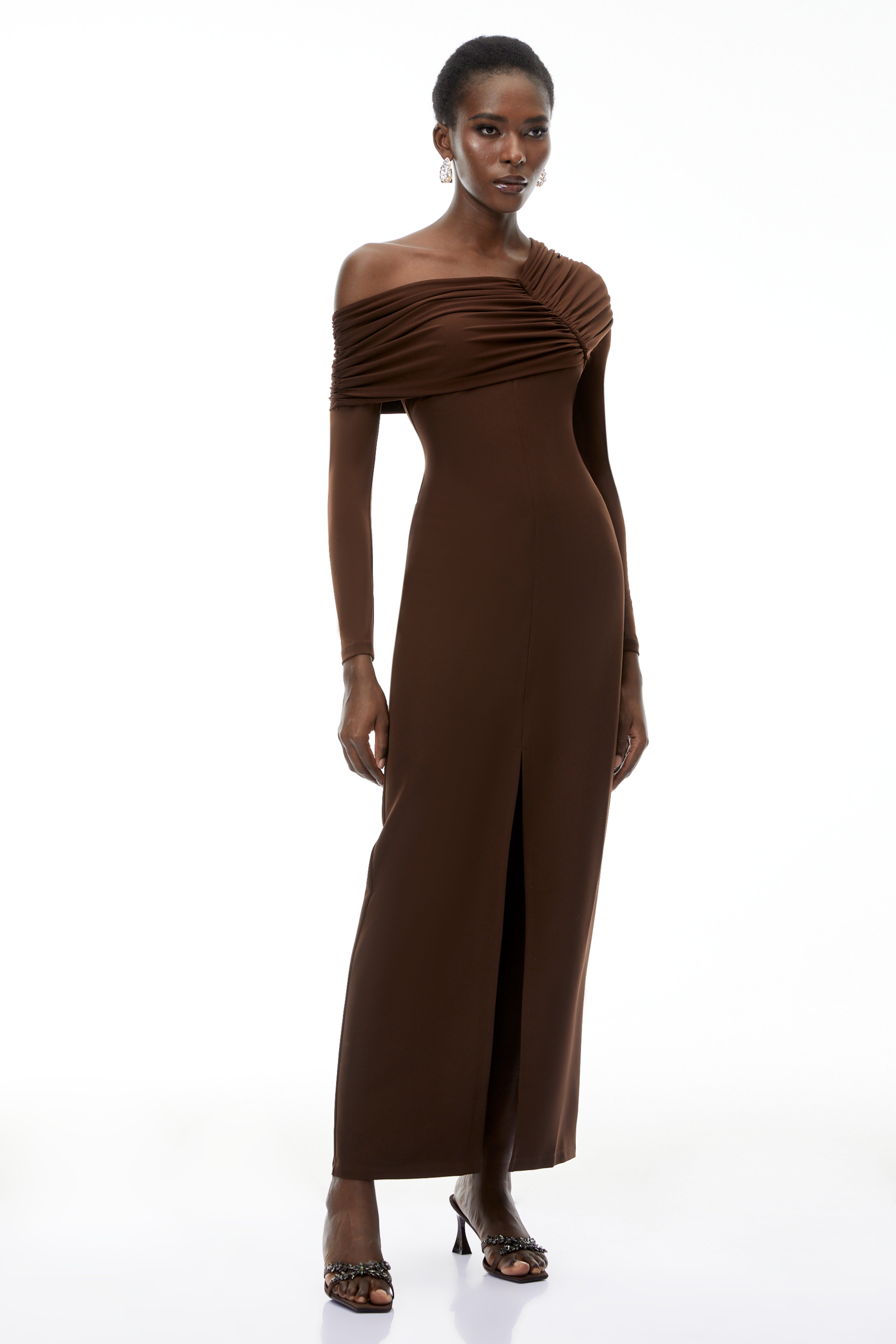 Almudena Chocolate Brown One Shoulder Maxi Dress