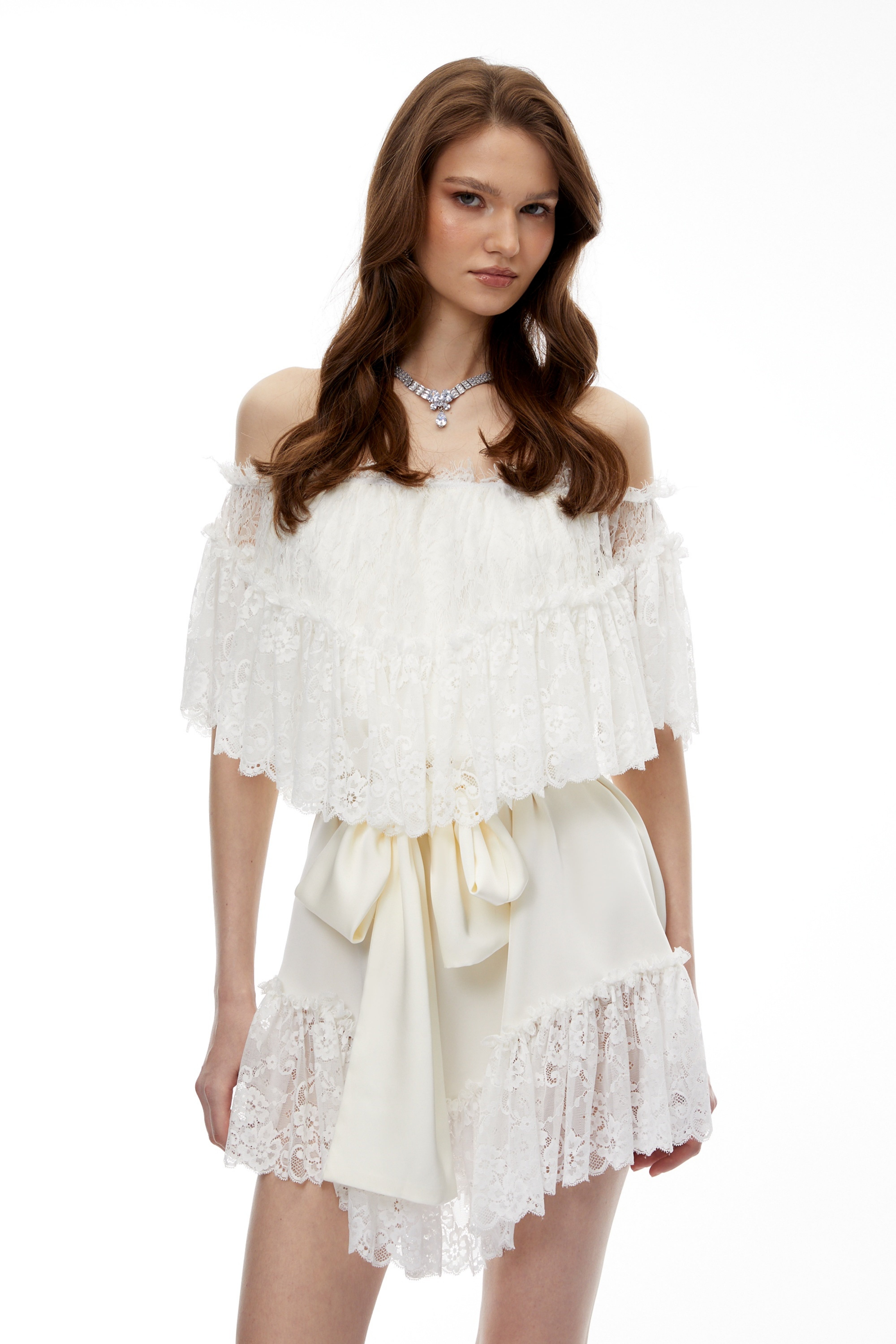 Altheaia White Off Shoulder Lace Mini Dress